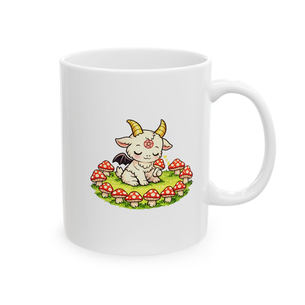 Cute Occult Baphomet Mug – Kawaii Dark Fantasy Mushroom Circle Design, Ceramic Mug, (11oz, 15oz)