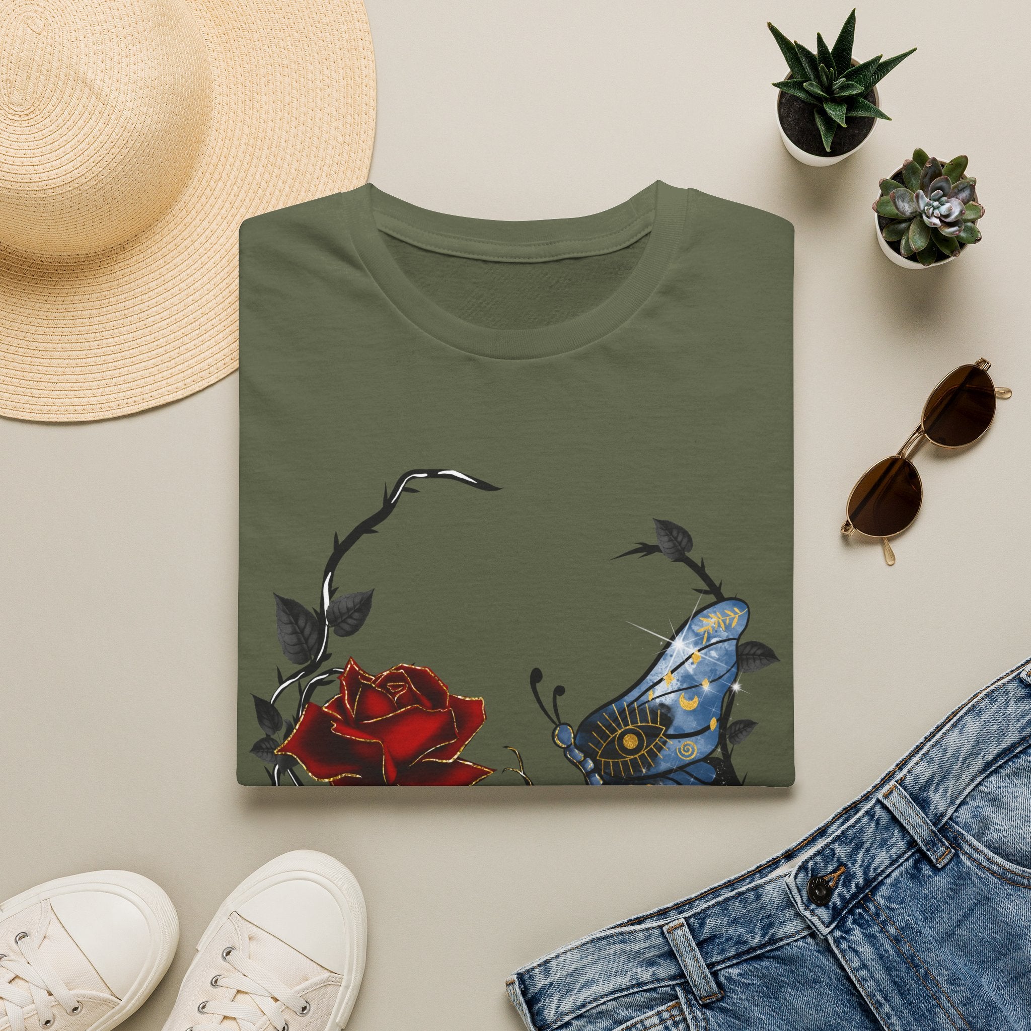 Mystic Moth & Crimson Rose Gothic T-Shirt | Celestial Butterfly Dark Aesthetic Design, Unisex Softstyle T-Shirt