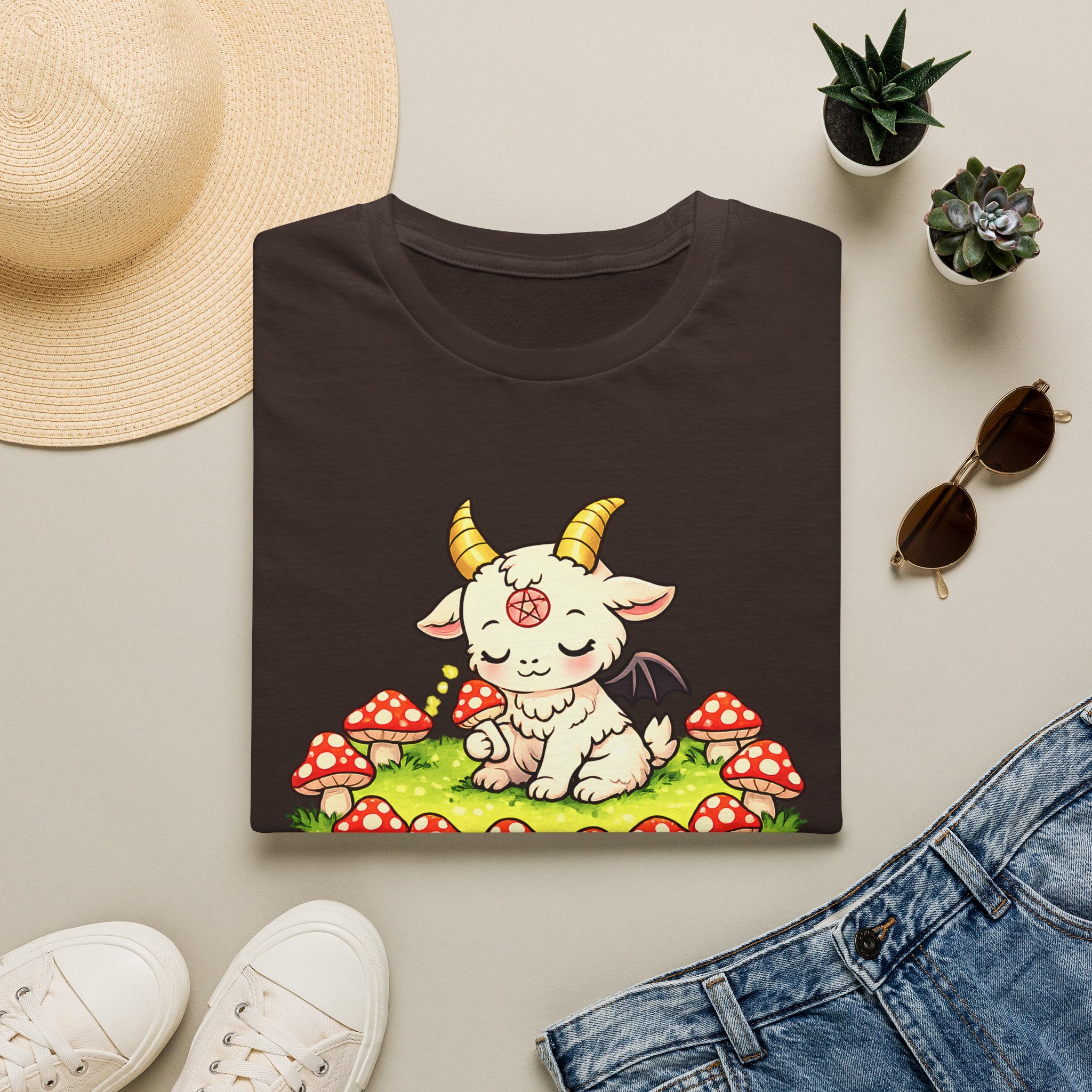 Cute Occult Baby Goat T-Shirt – Kawaii Dark Fantasy Mushroom Circle Design, Unisex Softstyle T-Shirt