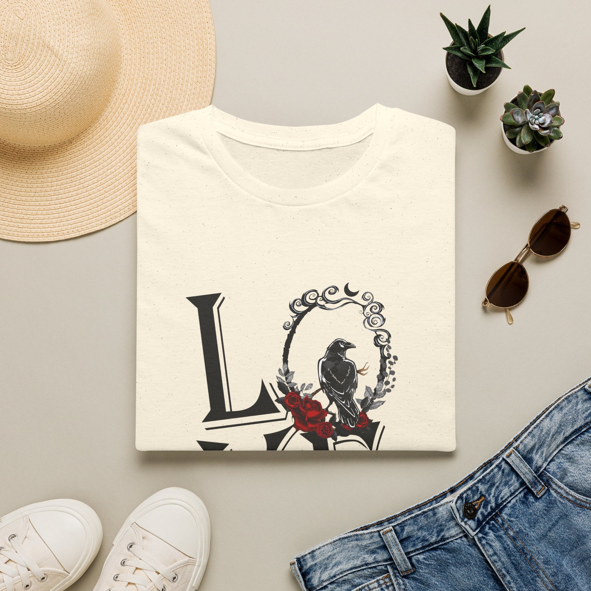 Dark Raven & Crimson Roses Gothic Aesthetic T-Shirt | Mystical Crow Floral Design, Unisex Softstyle T-Shirt