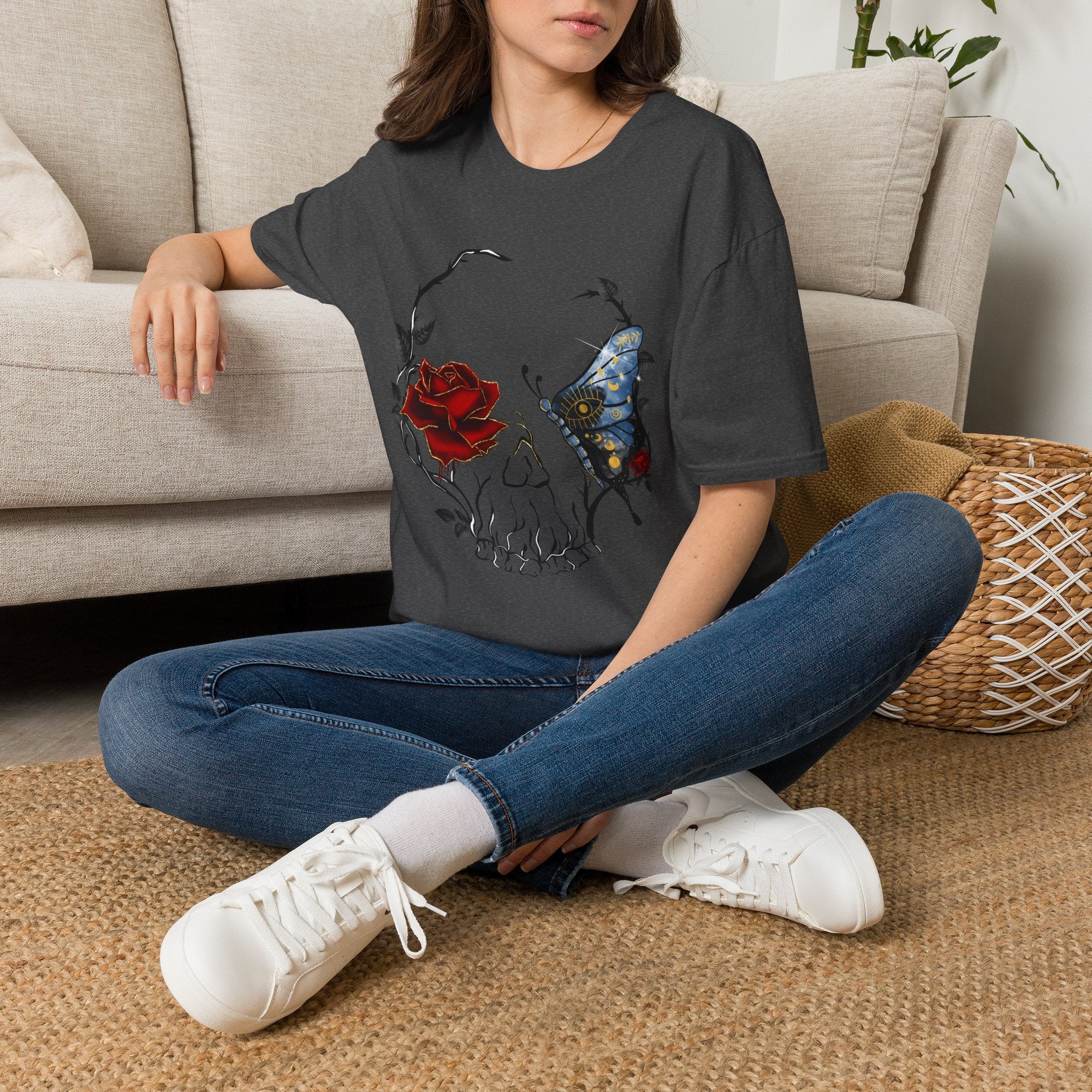 Mystic Moth & Crimson Rose Gothic T-Shirt | Celestial Butterfly Dark Aesthetic Design, Unisex Softstyle T-Shirt