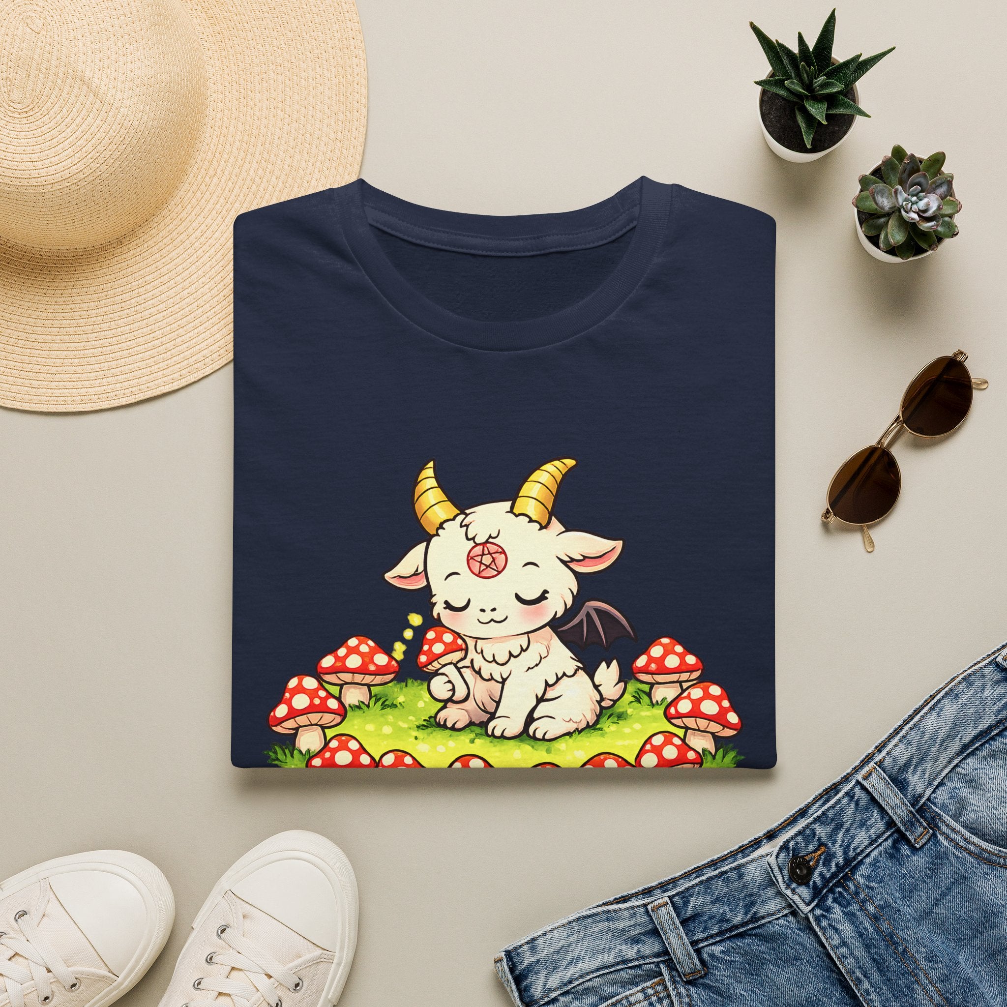 Cute Occult Baby Goat T-Shirt – Kawaii Dark Fantasy Mushroom Circle Design, Unisex Softstyle T-Shirt