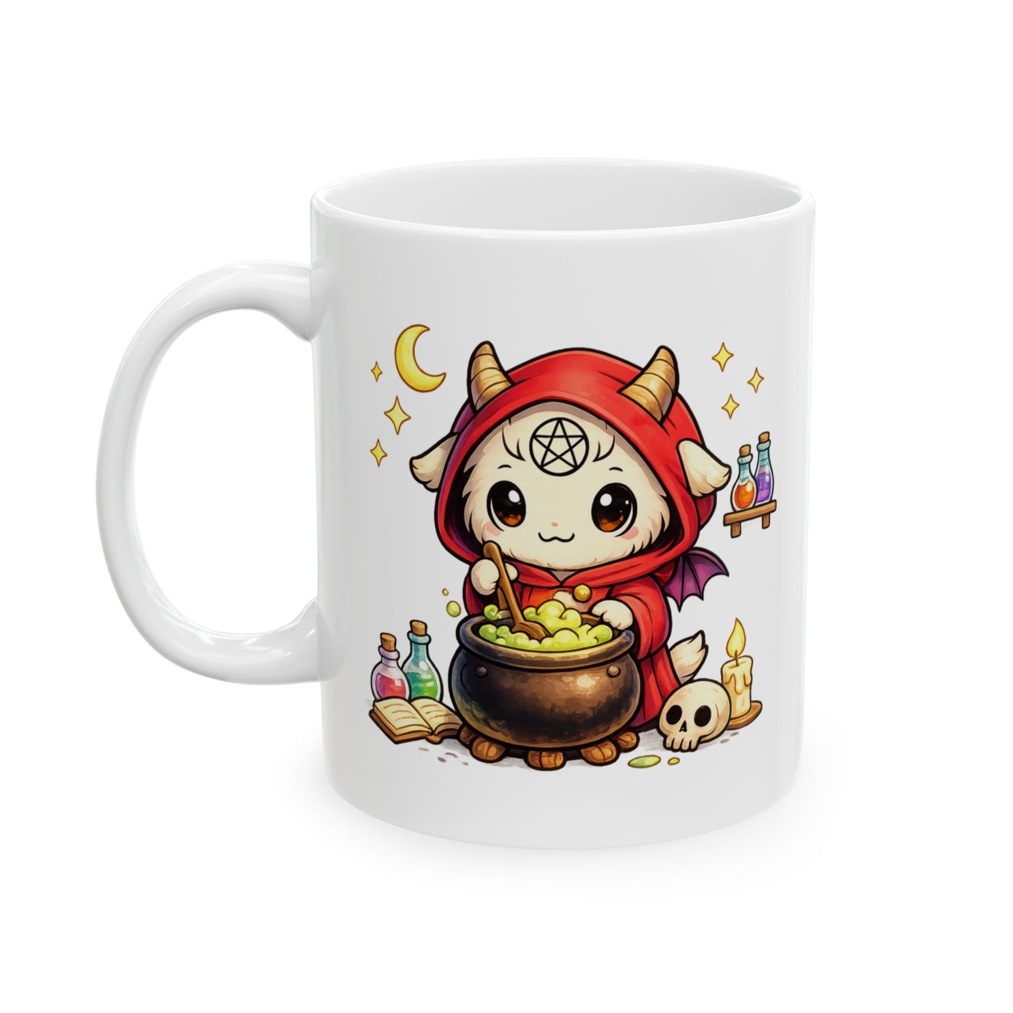 Witchy Potion Mug — Cute Witch Cat, Spellbook & Skull Ceramic Coffee Cup (11oz/15oz)