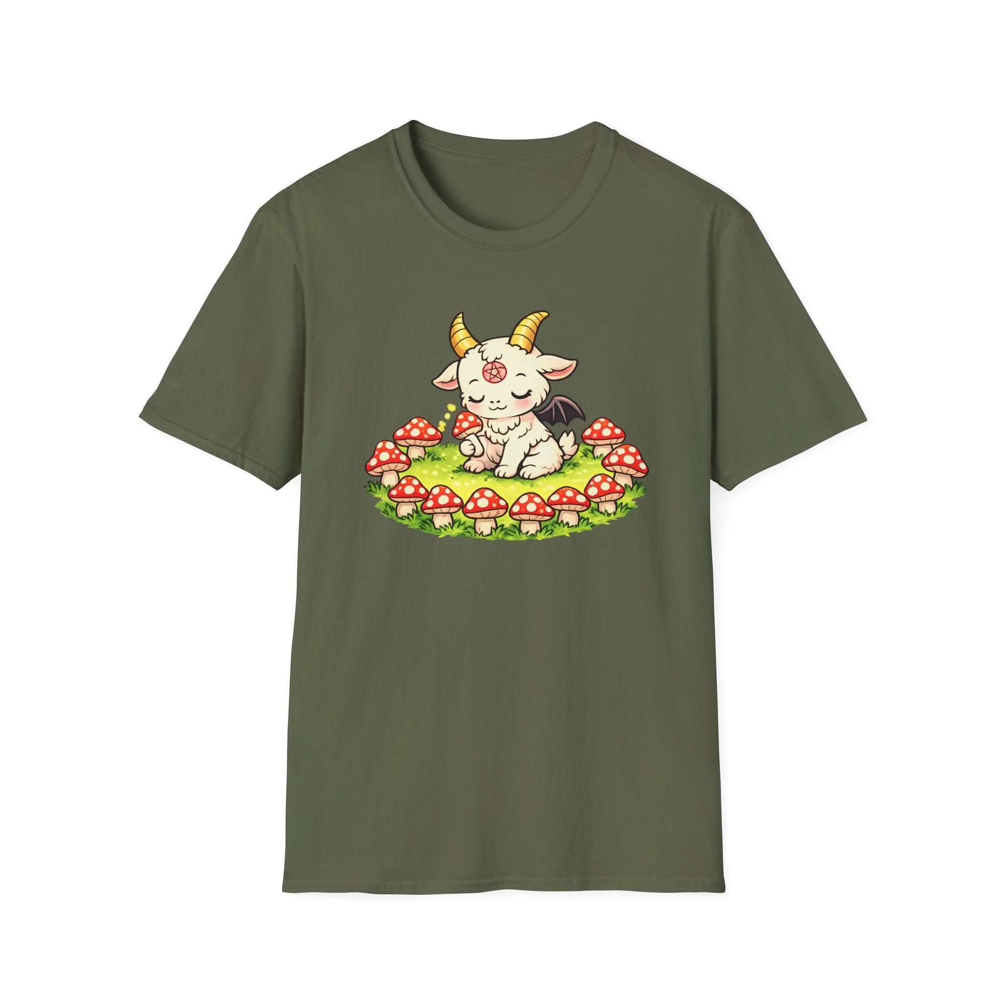 Cute Occult Baby Goat T-Shirt – Kawaii Dark Fantasy Mushroom Circle Design, Unisex Softstyle T-Shirt