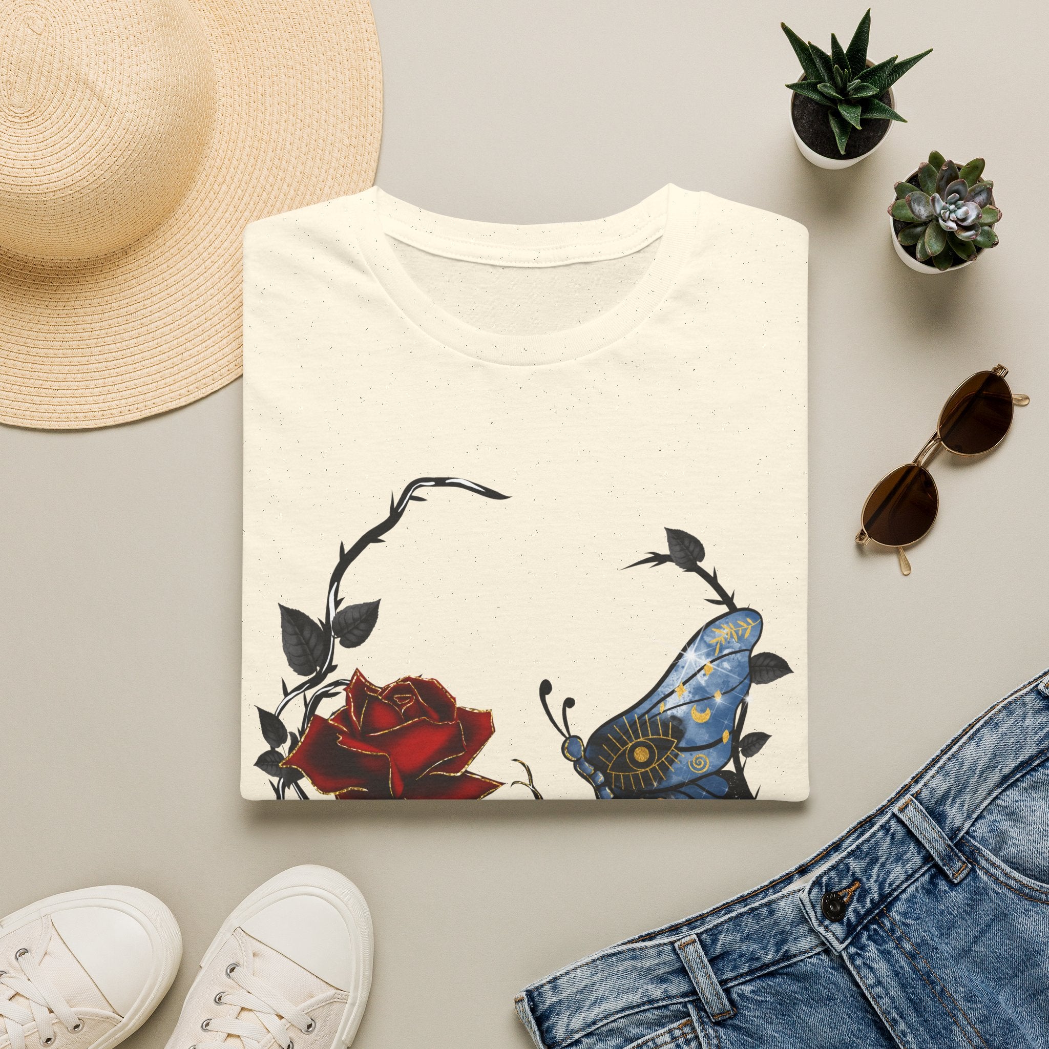 Mystic Moth & Crimson Rose Gothic T-Shirt | Celestial Butterfly Dark Aesthetic Design, Unisex Softstyle T-Shirt