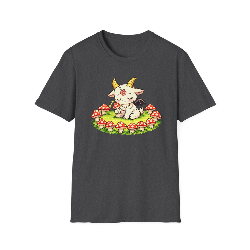 Cute Occult Baby Goat T-Shirt – Kawaii Dark Fantasy Mushroom Circle Design, Unisex Softstyle T-Shirt