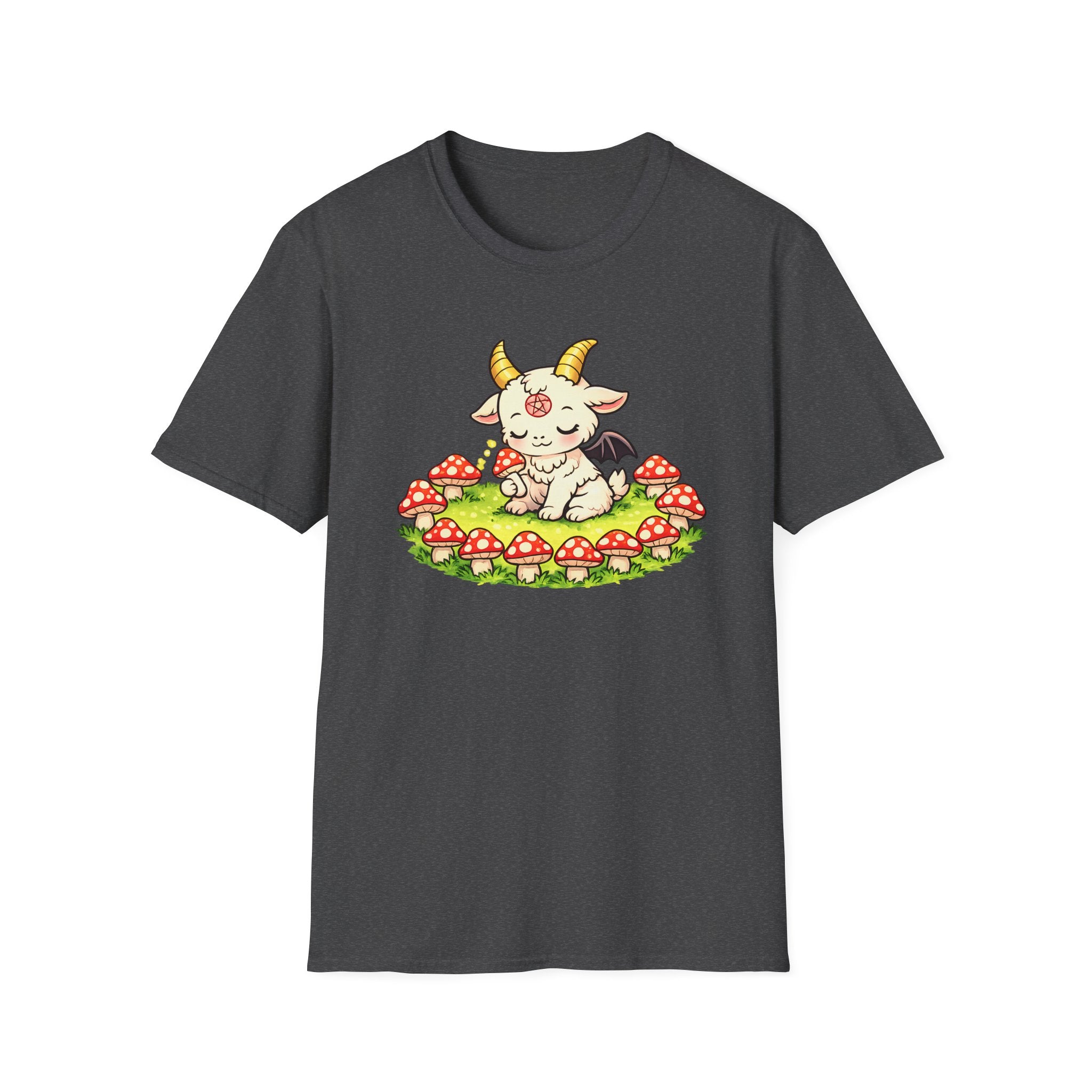 Cute Occult Baby Goat T-Shirt – Kawaii Dark Fantasy Mushroom Circle Design, Unisex Softstyle T-Shirt
