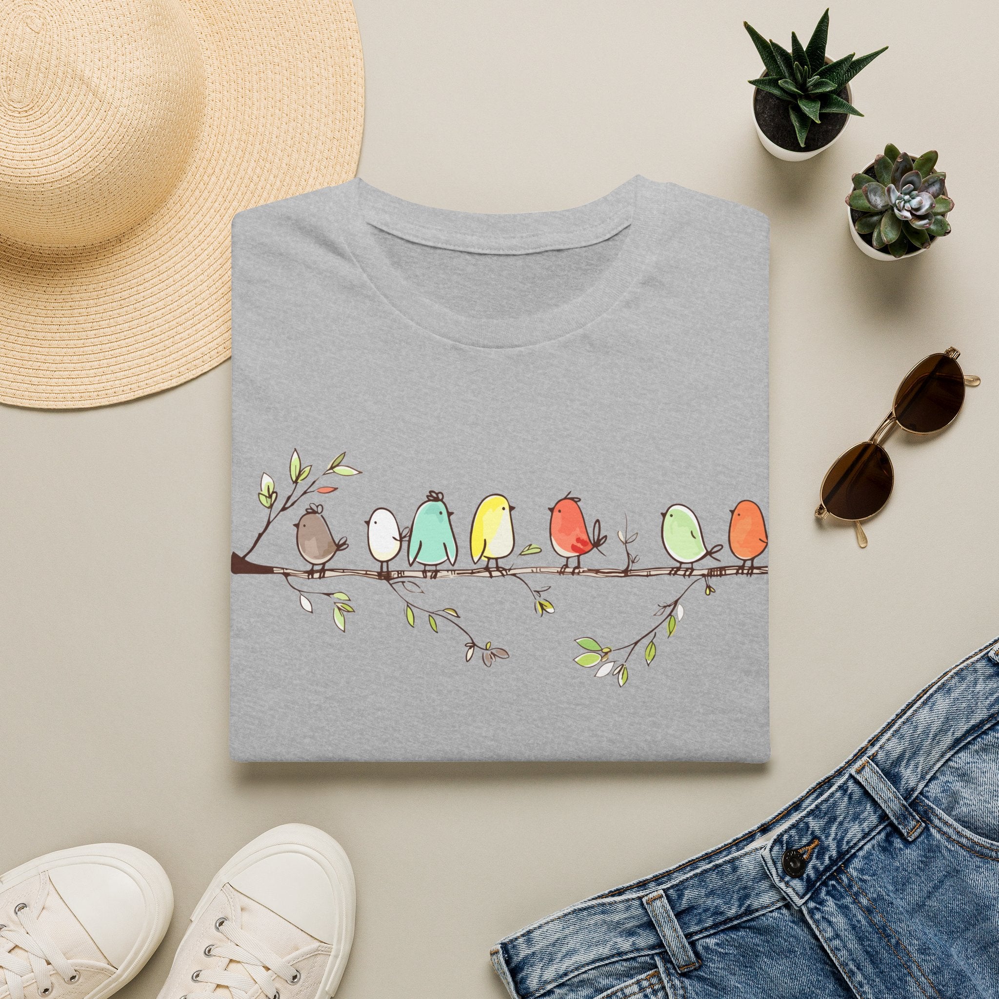 Cute Colorful Birds on a Branch | Whimsical Nature T-Shirt, Unisex Softstyle T-Shirt