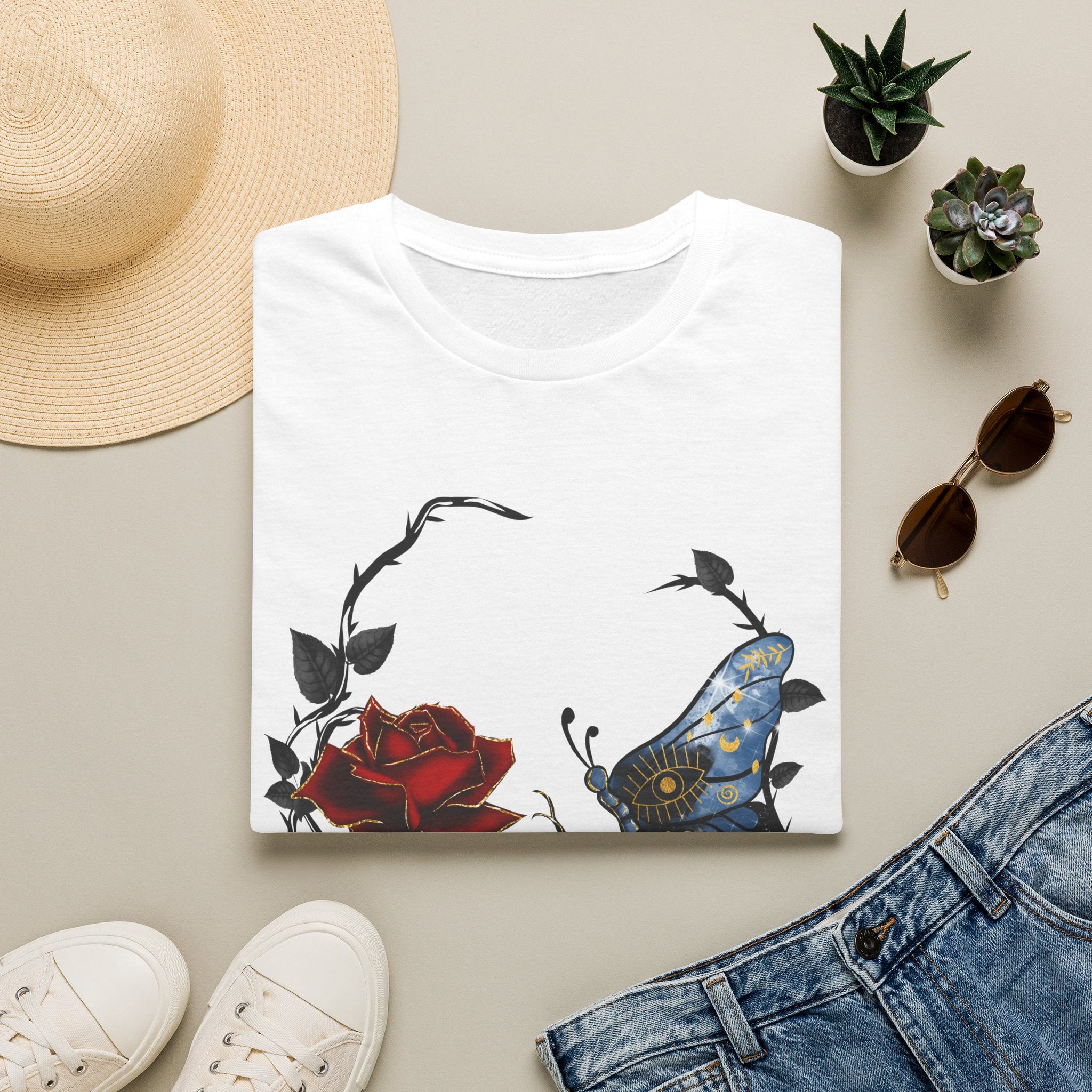 Mystic Moth & Crimson Rose Gothic T-Shirt | Celestial Butterfly Dark Aesthetic Design, Unisex Softstyle T-Shirt