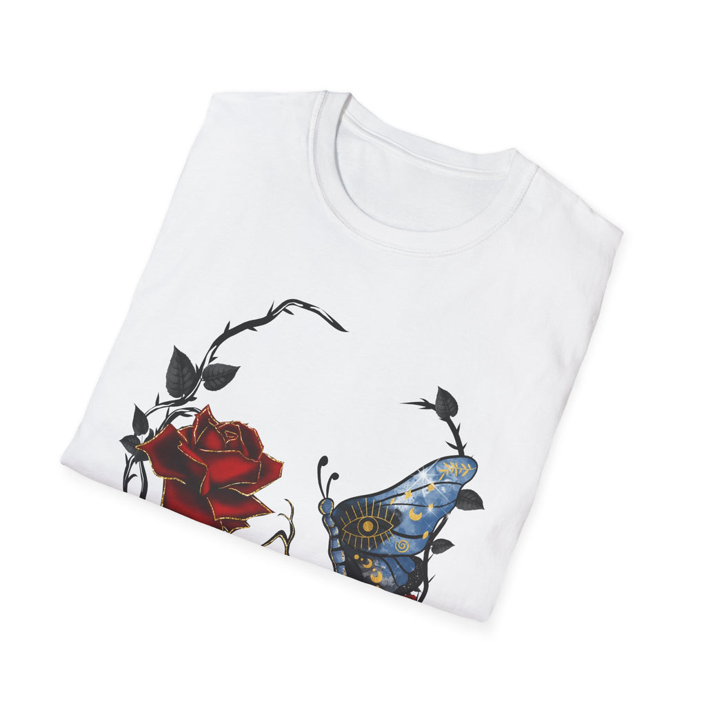 Mystic Moth & Crimson Rose Gothic T-Shirt | Celestial Butterfly Dark Aesthetic Design, Unisex Softstyle T-Shirt