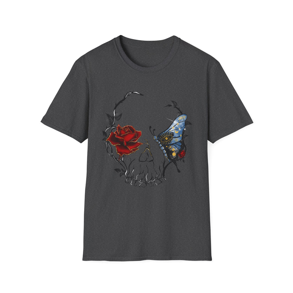Mystic Moth & Crimson Rose Gothic T-Shirt | Celestial Butterfly Dark Aesthetic Design, Unisex Softstyle T-Shirt