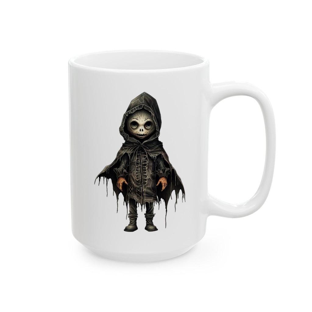Cute Gothic Grim Reaper Doll Mug – Dark Fantasy Skeleton Character with Hooded Cloak, Ceramic Mug, (11oz, 15oz)