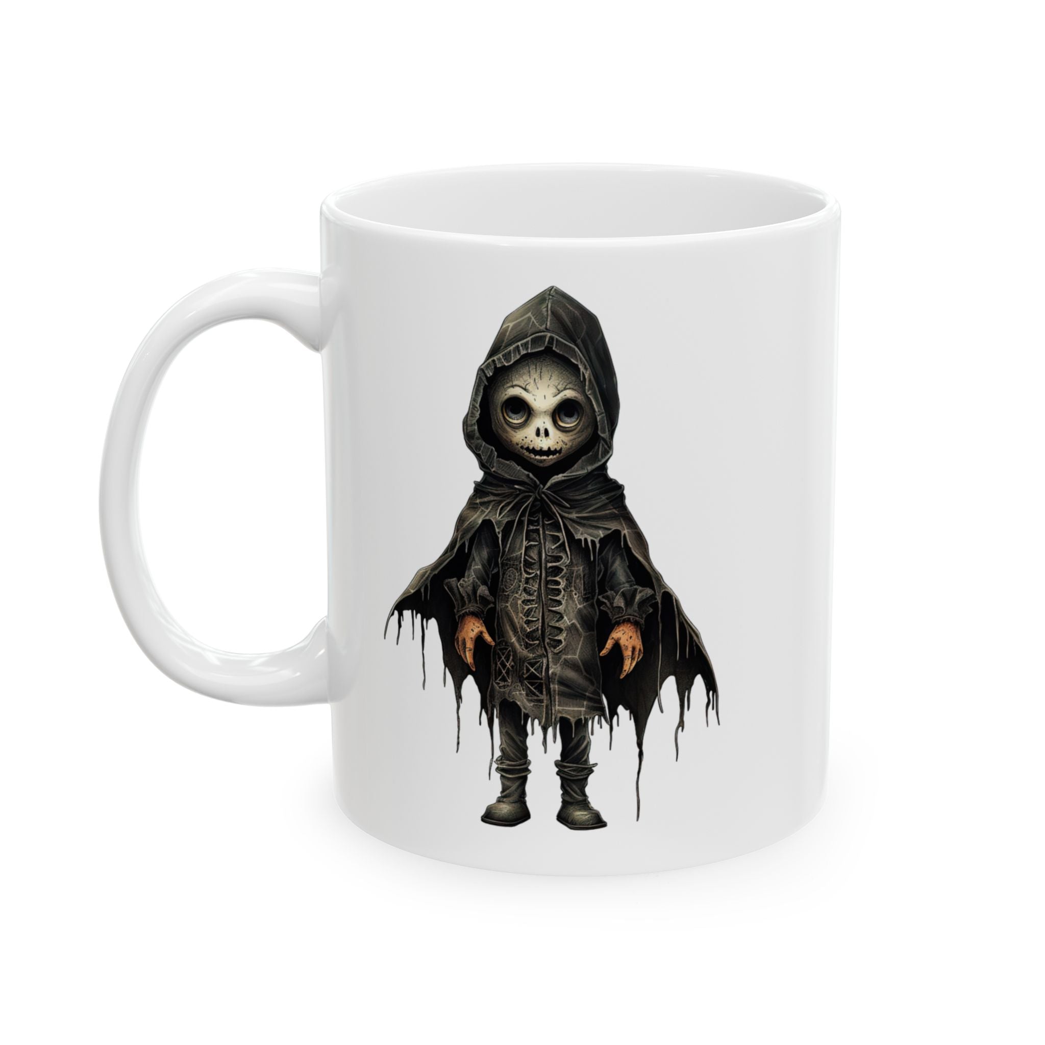 Cute Gothic Grim Reaper Doll Mug – Dark Fantasy Skeleton Character with Hooded Cloak, Ceramic Mug, (11oz, 15oz)