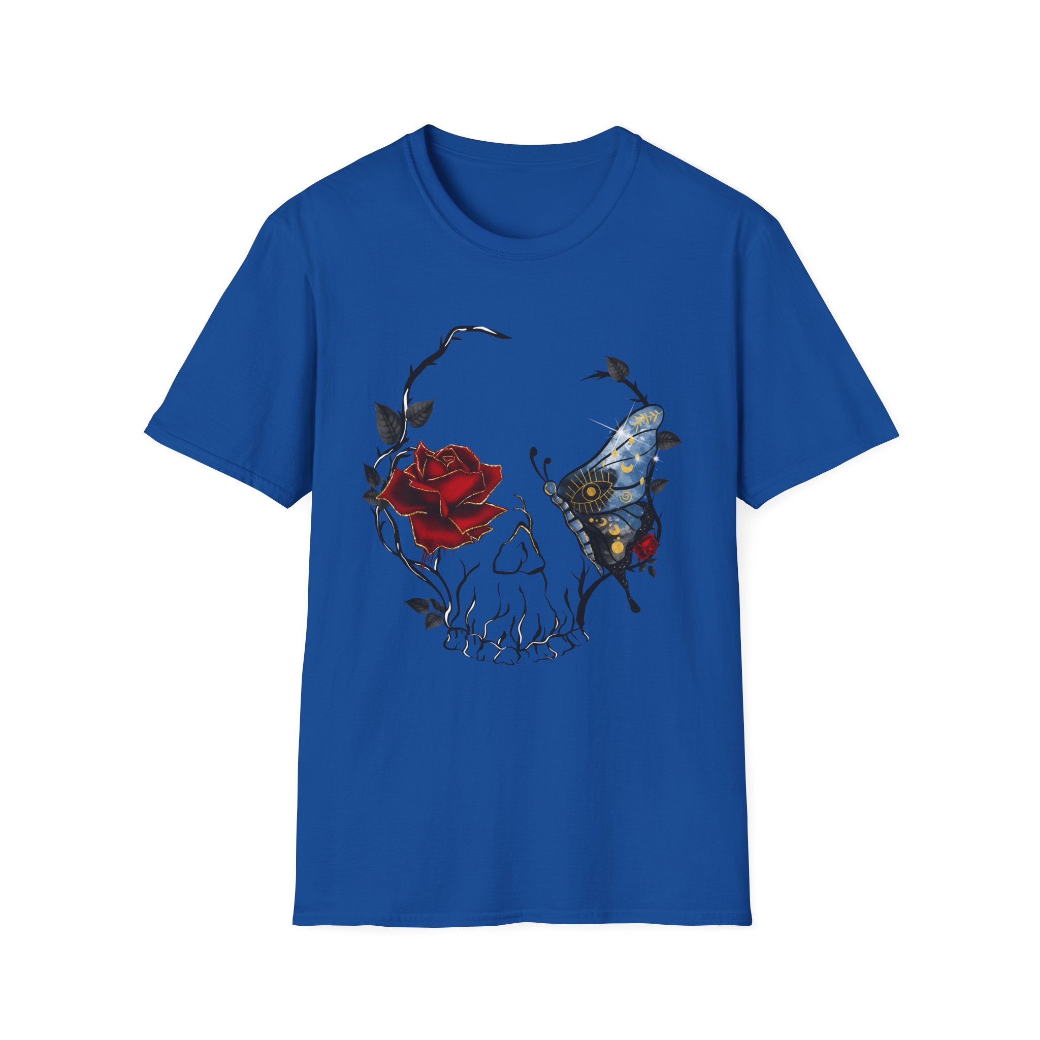 Mystic Moth & Crimson Rose Gothic T-Shirt | Celestial Butterfly Dark Aesthetic Design, Unisex Softstyle T-Shirt
