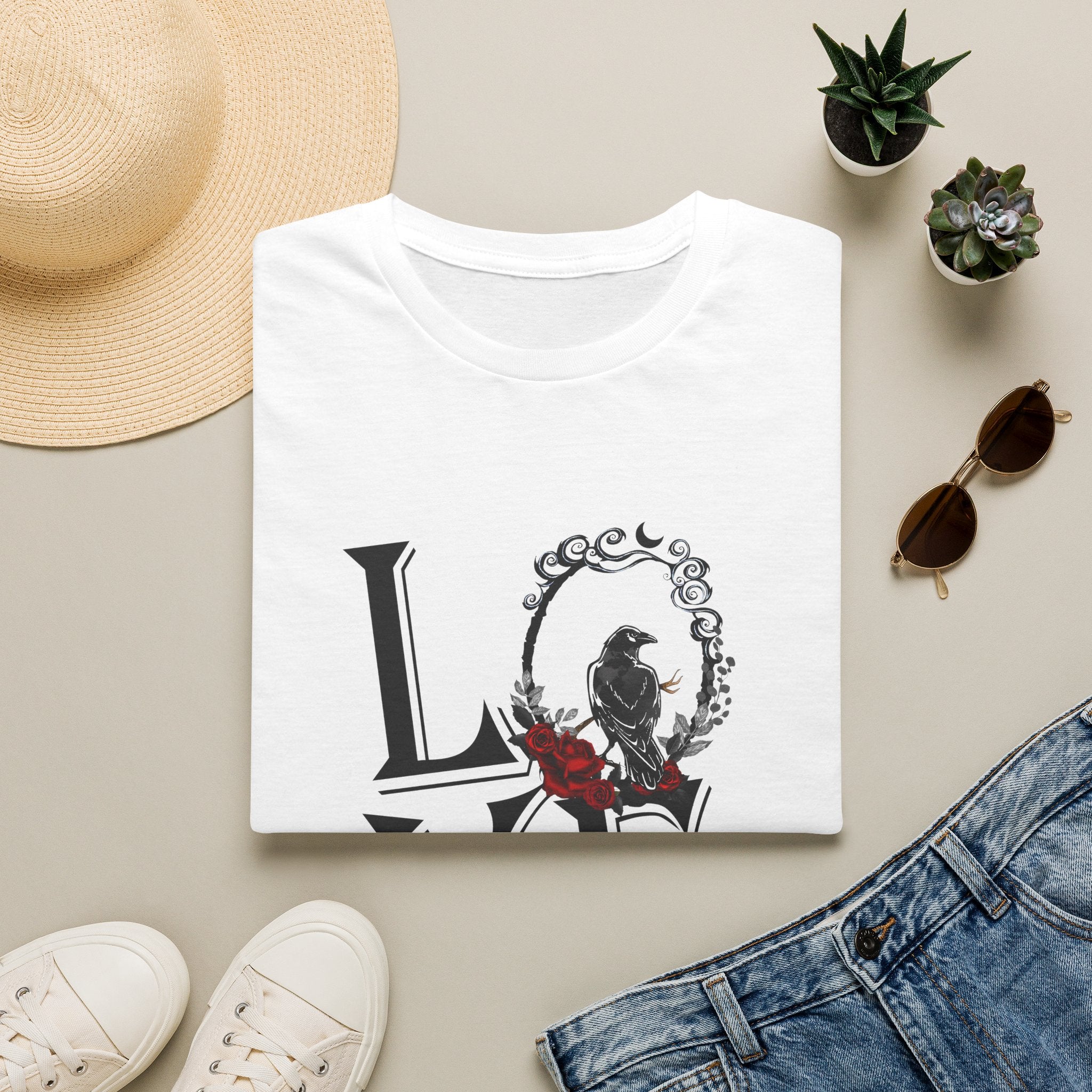 Dark Raven & Crimson Roses Gothic Aesthetic T-Shirt | Mystical Crow Floral Design, Unisex Softstyle T-Shirt