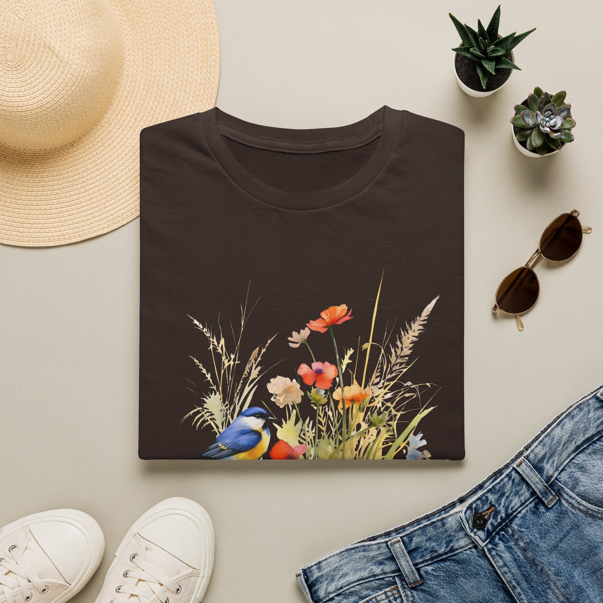 Wildflower Meadow & Butterflies Vintage Botanical T-Shirt, Unisex Softstyle T-Shirt