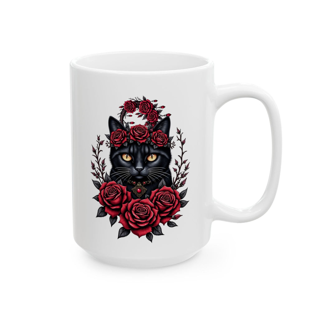 Midnight Rose Cat – Gothic Black Cat Floral Mug Design, Ceramic Mug, (11oz, 15oz)