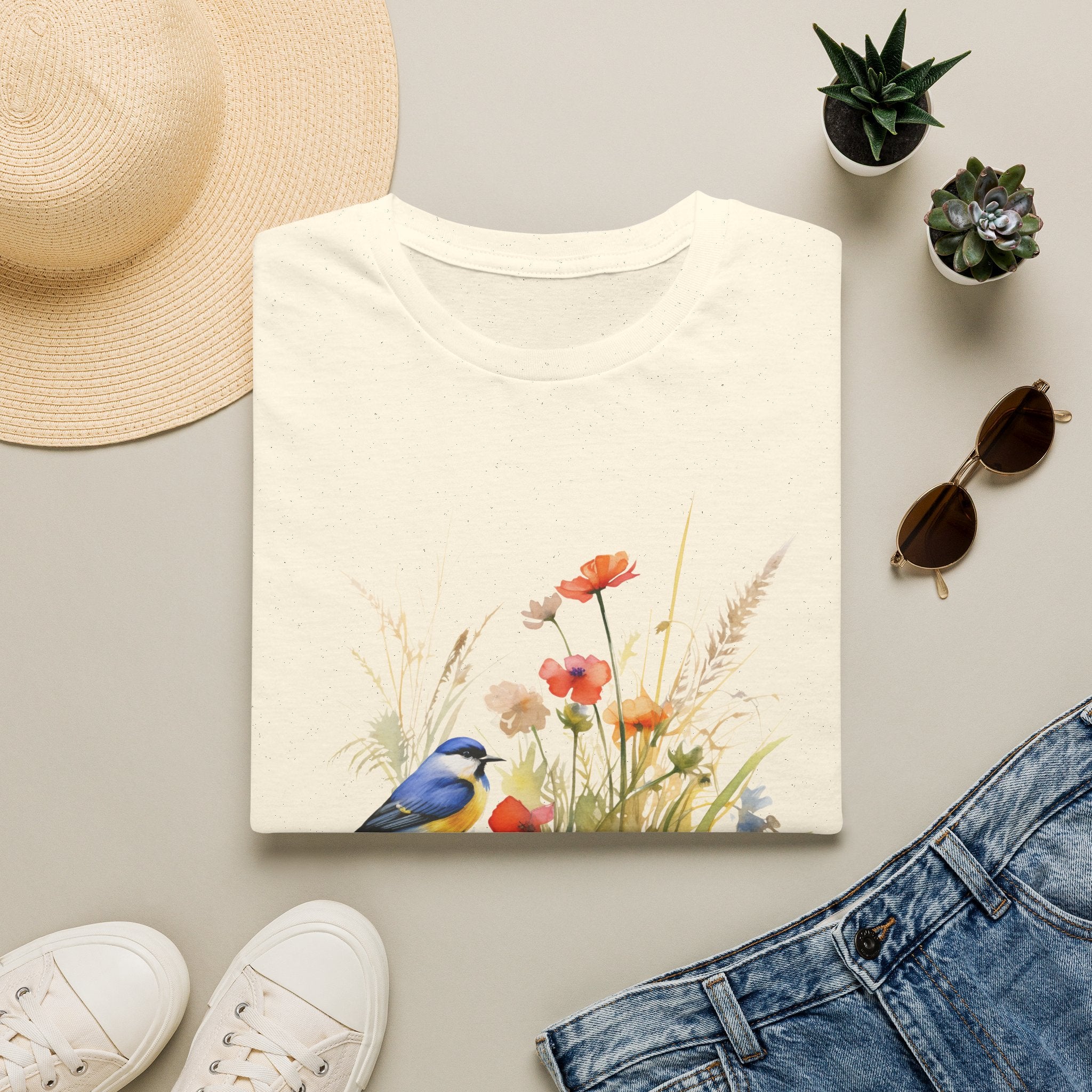 Wildflower Meadow & Butterflies Vintage Botanical T-Shirt, Unisex Softstyle T-Shirt