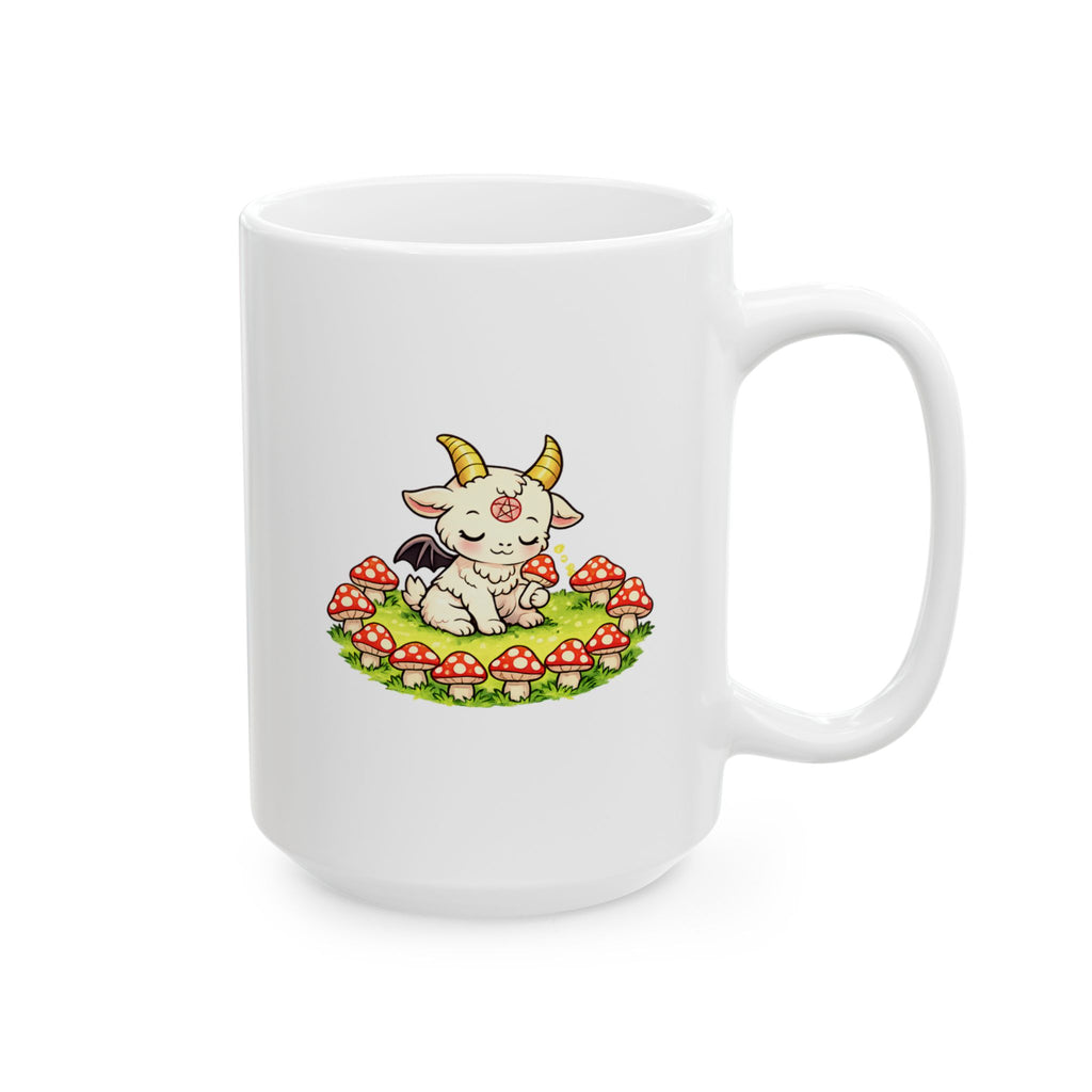Cute Occult Baphomet Mug – Kawaii Dark Fantasy Mushroom Circle Design, Ceramic Mug, (11oz, 15oz)
