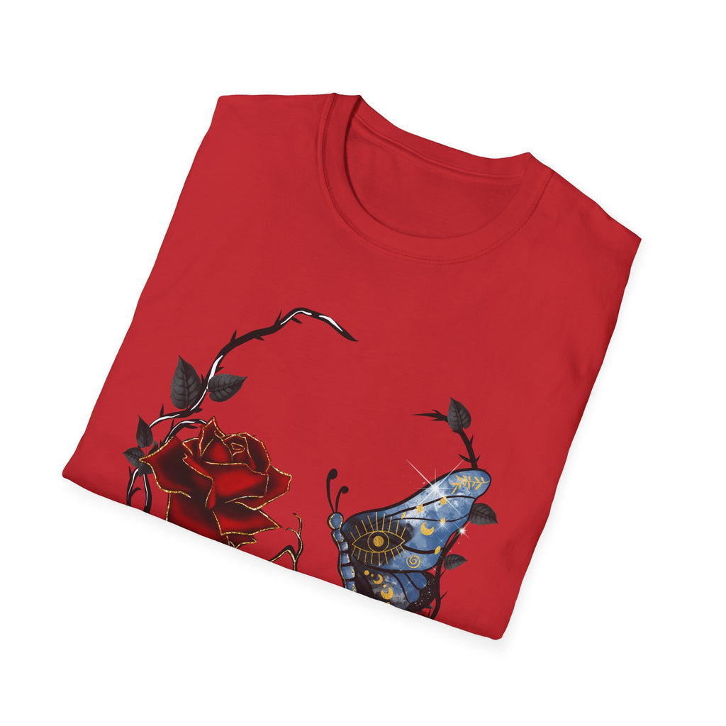 Mystic Moth & Crimson Rose Gothic T-Shirt | Celestial Butterfly Dark Aesthetic Design, Unisex Softstyle T-Shirt