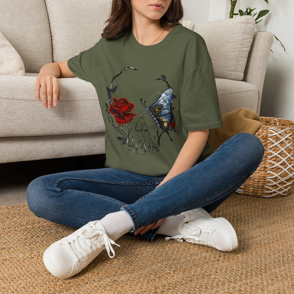 Mystic Moth & Crimson Rose Gothic T-Shirt | Celestial Butterfly Dark Aesthetic Design, Unisex Softstyle T-Shirt