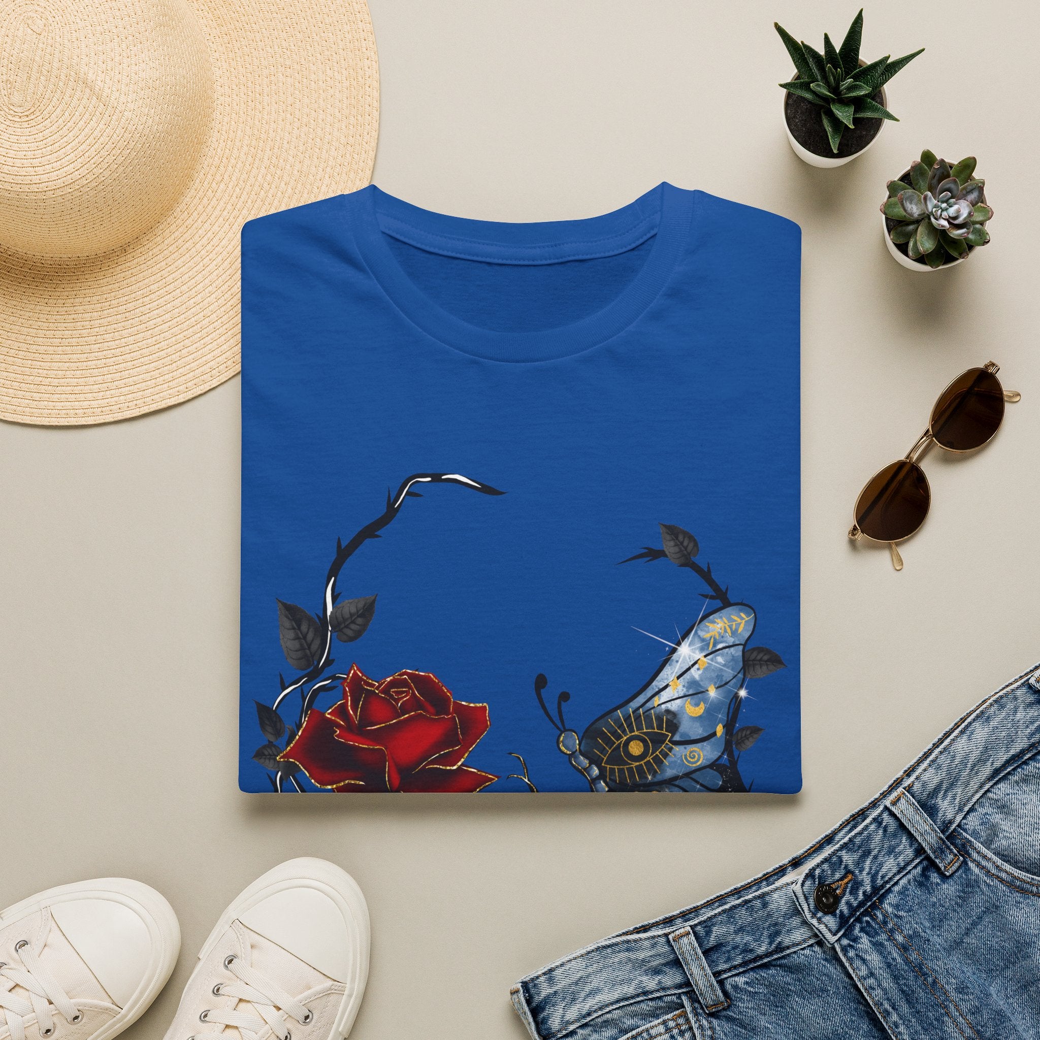 Mystic Moth & Crimson Rose Gothic T-Shirt | Celestial Butterfly Dark Aesthetic Design, Unisex Softstyle T-Shirt