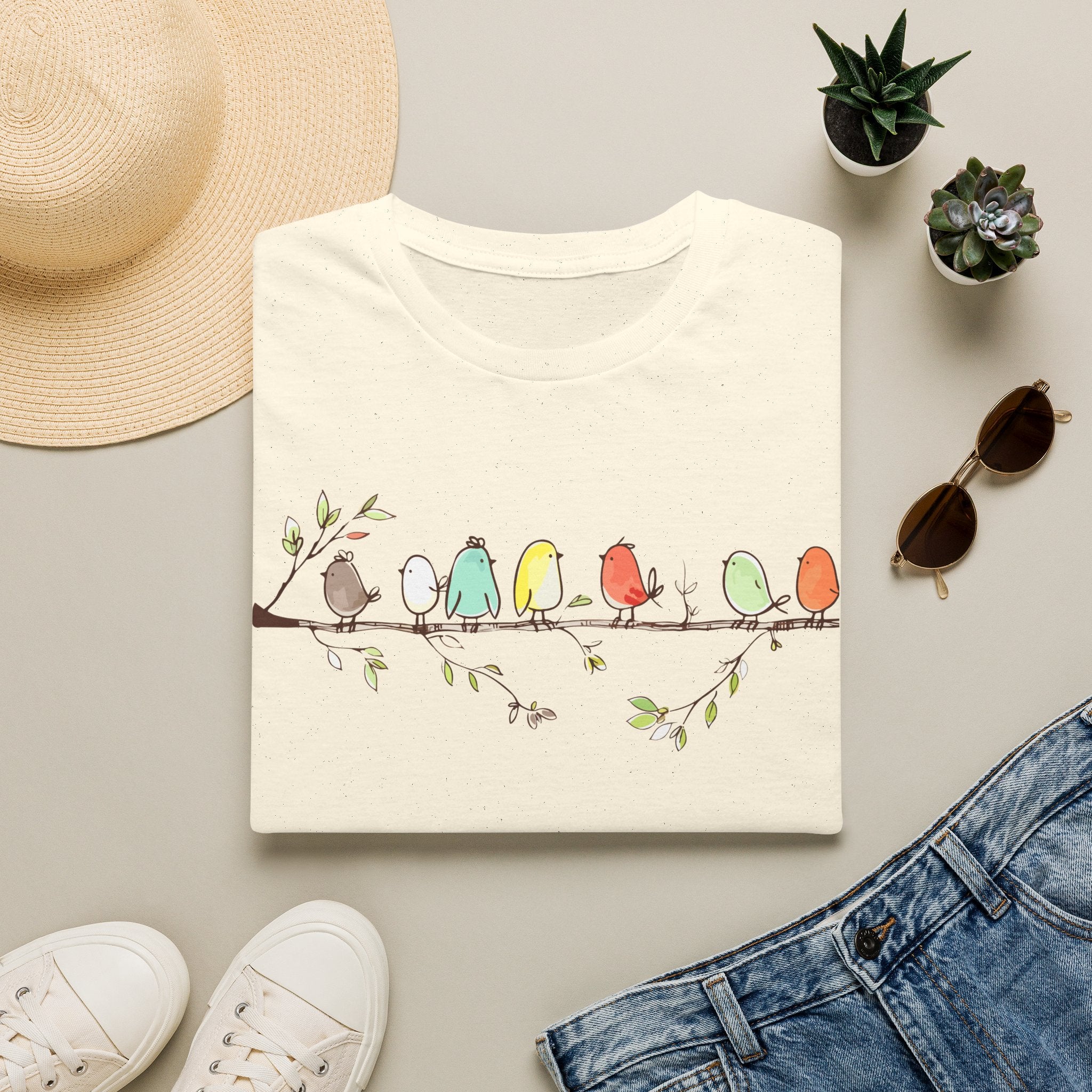 Cute Colorful Birds on a Branch | Whimsical Nature T-Shirt, Unisex Softstyle T-Shirt