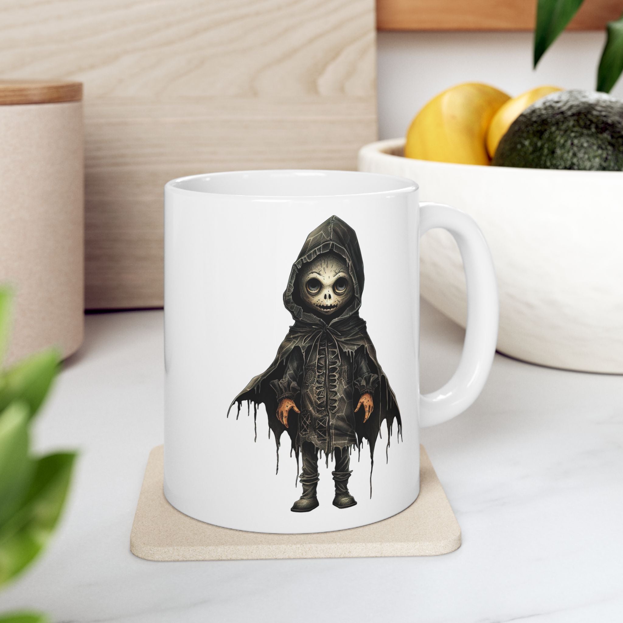 Cute Gothic Grim Reaper Doll Mug – Dark Fantasy Skeleton Character with Hooded Cloak, Ceramic Mug, (11oz, 15oz)