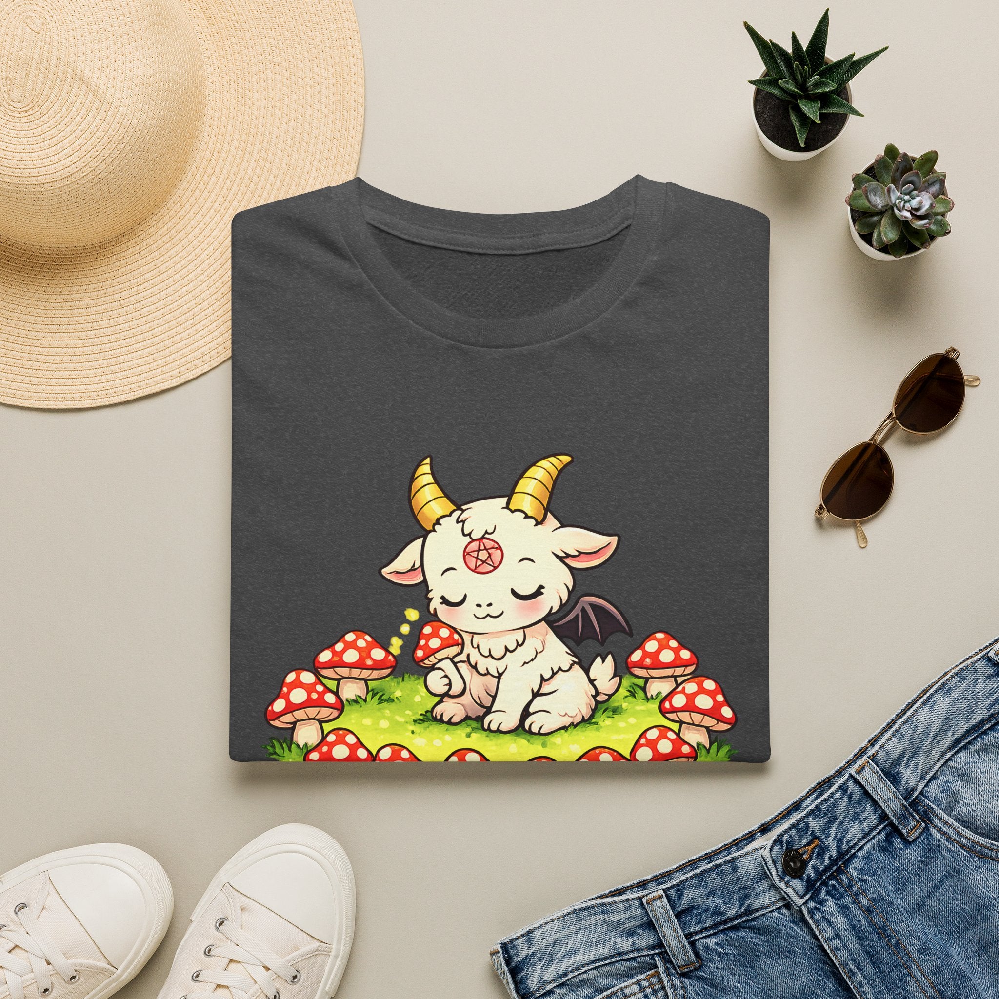 Cute Occult Baby Goat T-Shirt – Kawaii Dark Fantasy Mushroom Circle Design, Unisex Softstyle T-Shirt