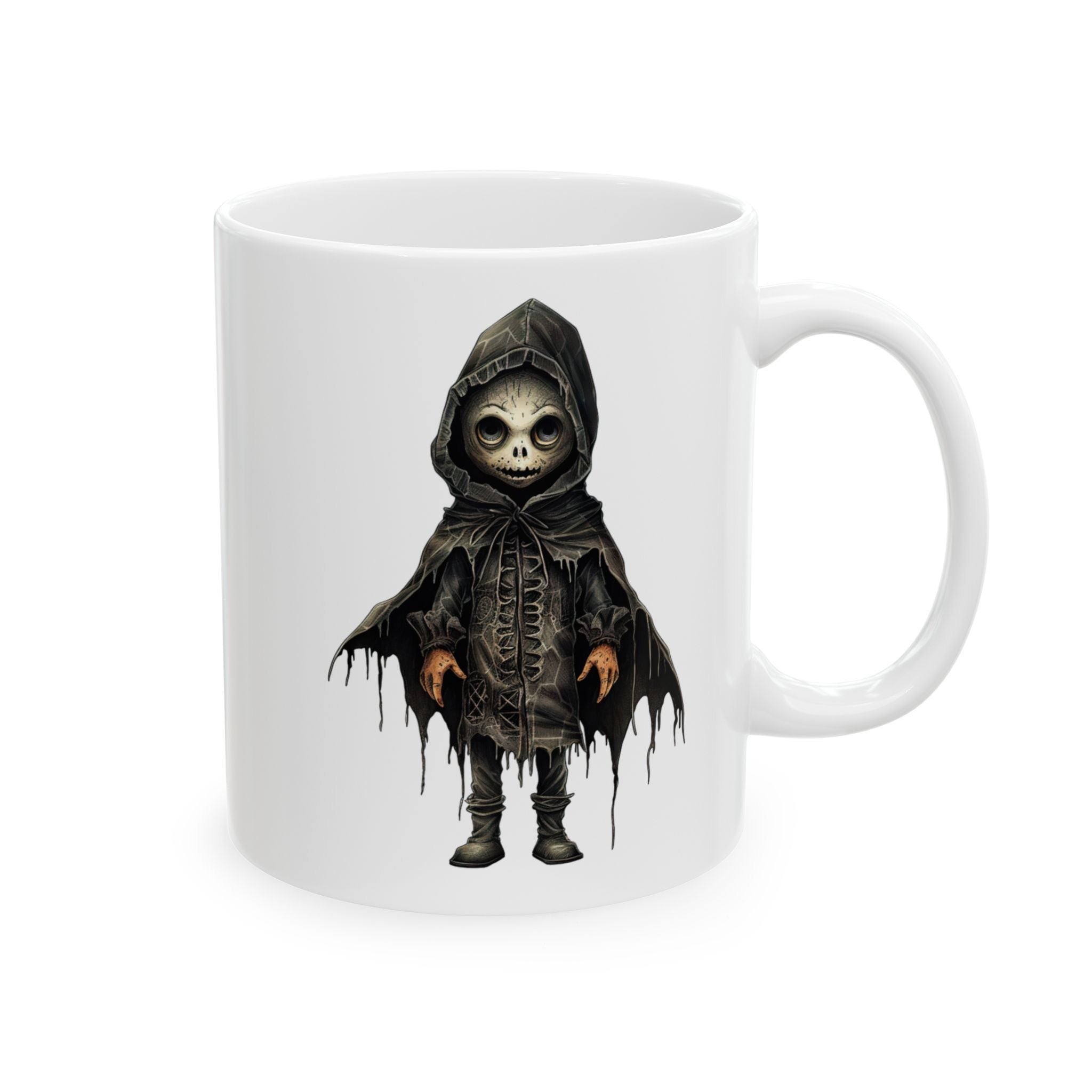Cute Gothic Grim Reaper Doll Mug – Dark Fantasy Skeleton Character with Hooded Cloak, Ceramic Mug, (11oz, 15oz)