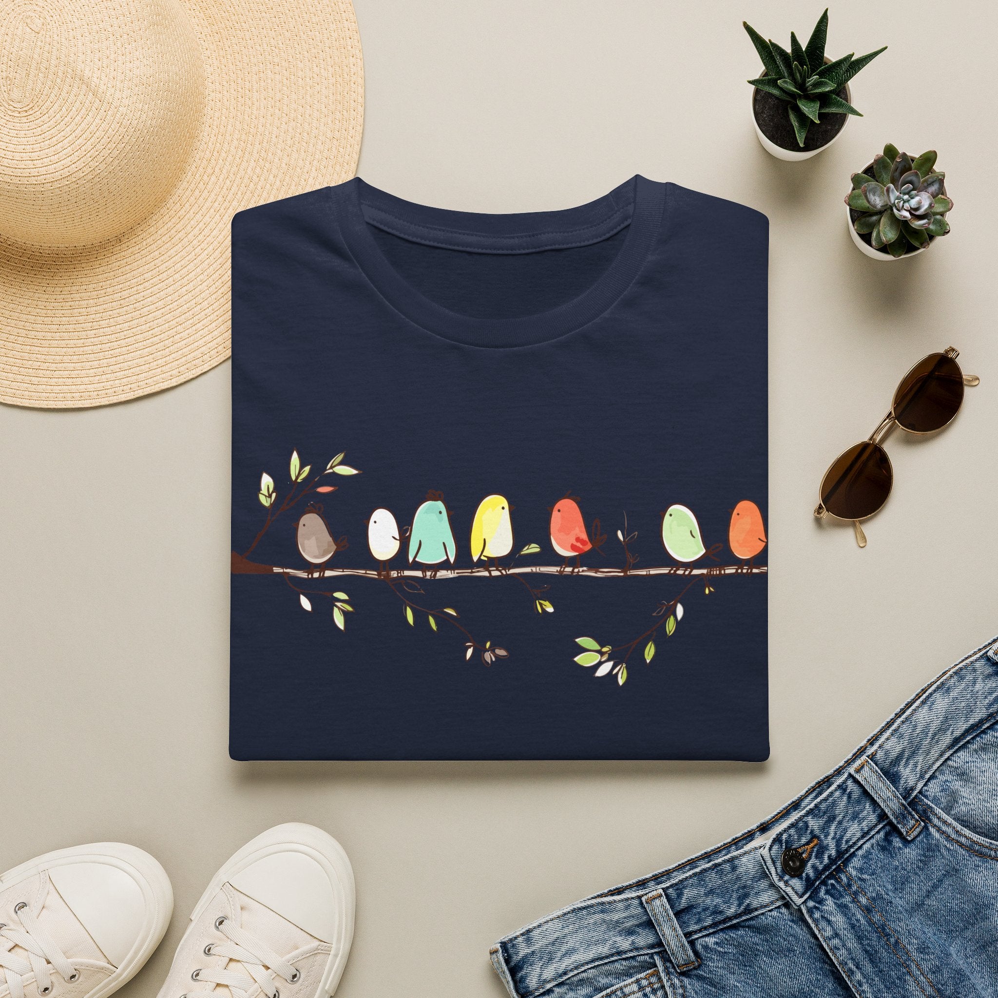 Cute Colorful Birds on a Branch | Whimsical Nature T-Shirt, Unisex Softstyle T-Shirt