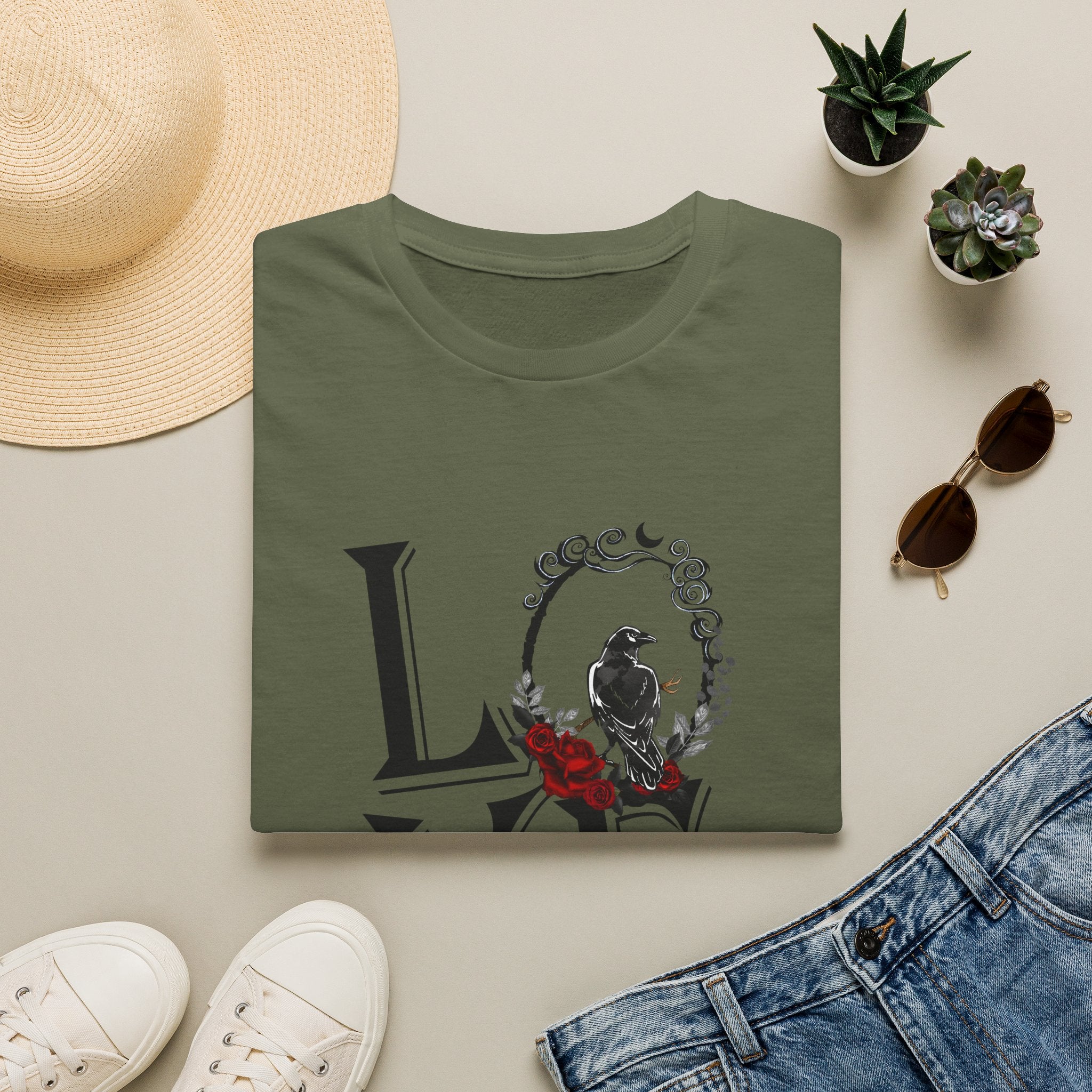 Dark Raven & Crimson Roses Gothic Aesthetic T-Shirt | Mystical Crow Floral Design, Unisex Softstyle T-Shirt