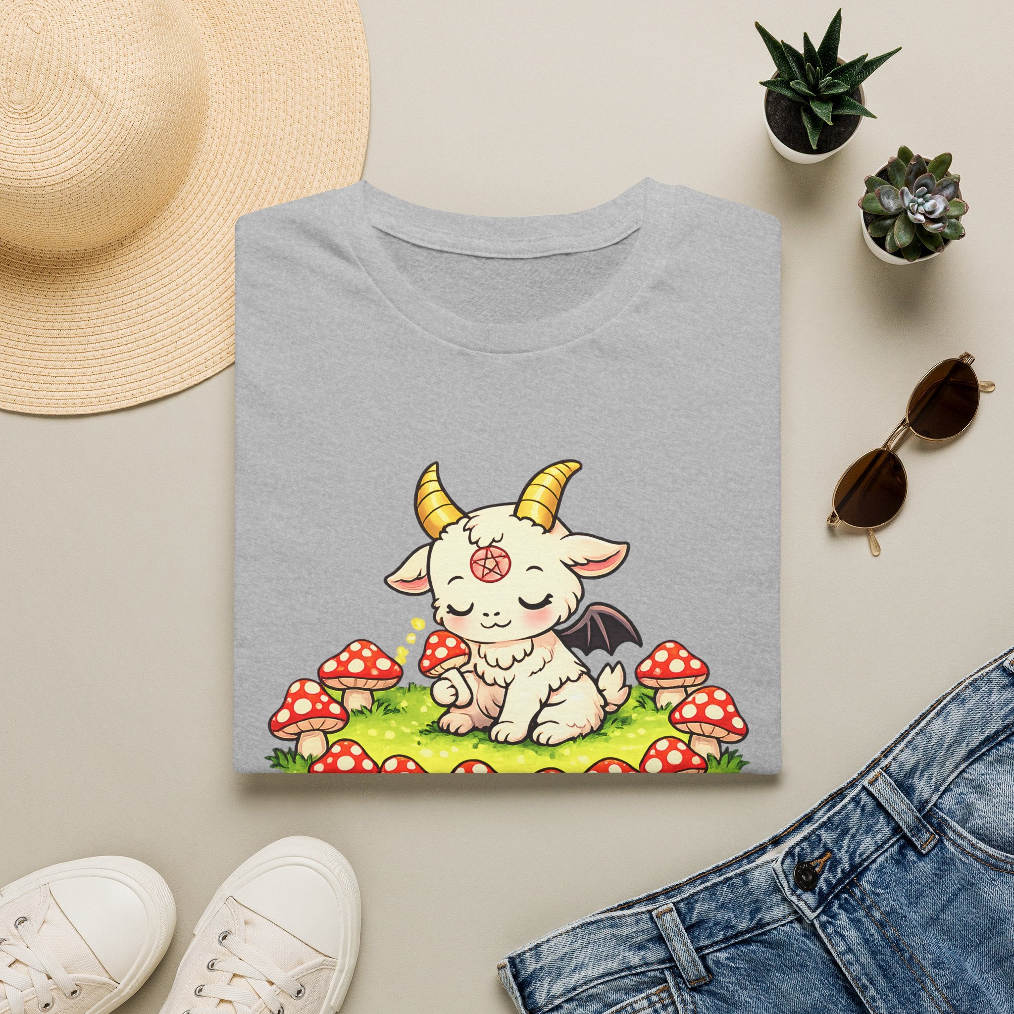 Cute Occult Baby Goat T-Shirt – Kawaii Dark Fantasy Mushroom Circle Design, Unisex Softstyle T-Shirt