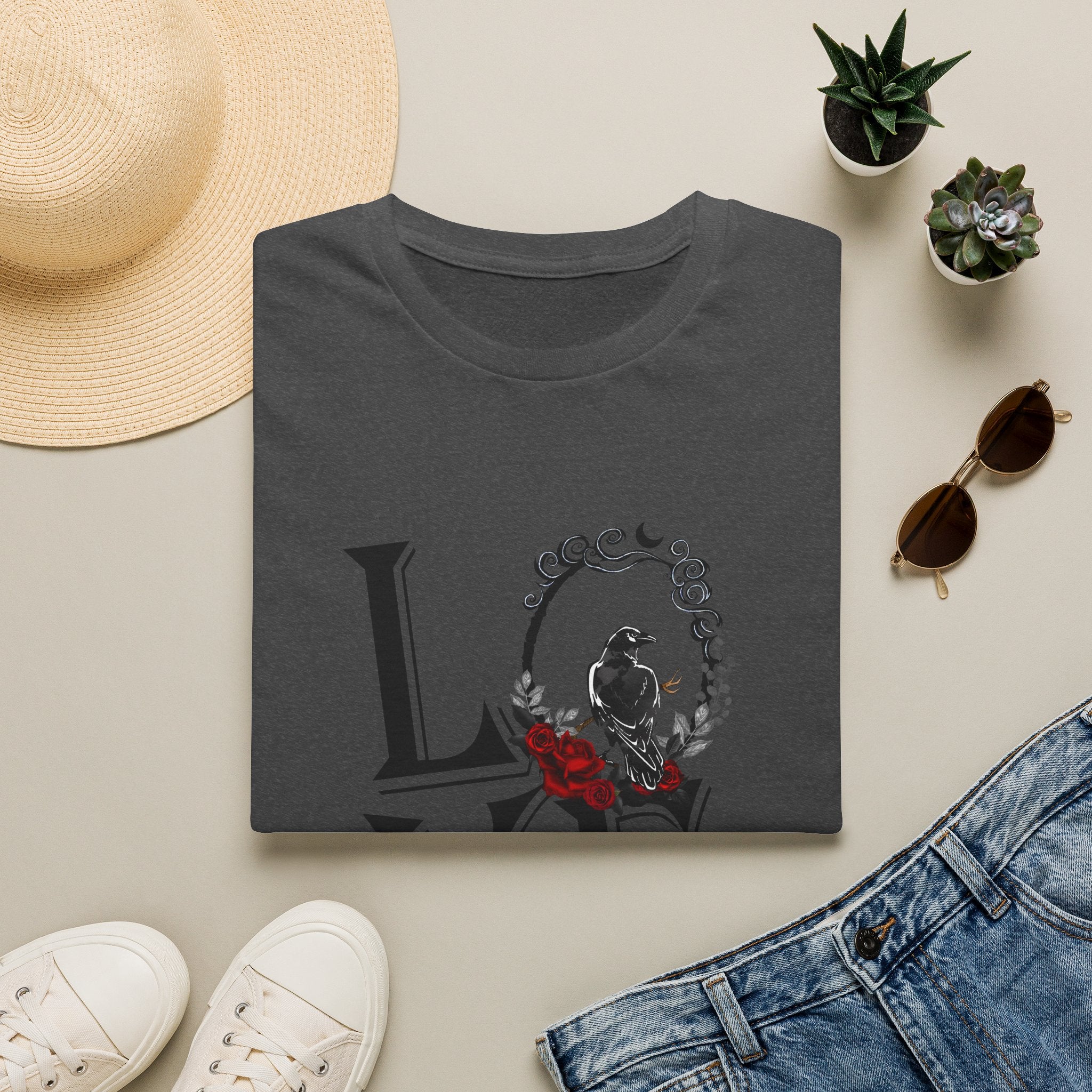 Dark Raven & Crimson Roses Gothic Aesthetic T-Shirt | Mystical Crow Floral Design, Unisex Softstyle T-Shirt