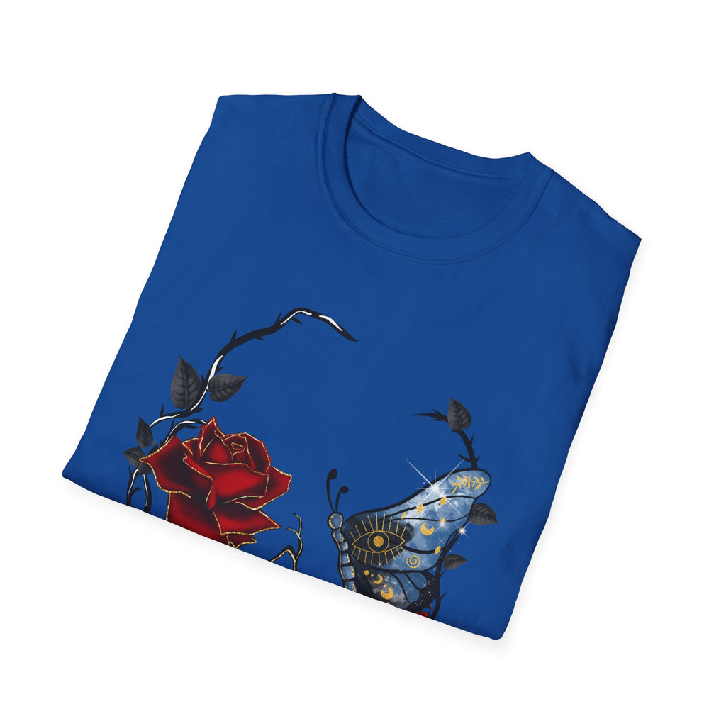 Mystic Moth & Crimson Rose Gothic T-Shirt | Celestial Butterfly Dark Aesthetic Design, Unisex Softstyle T-Shirt