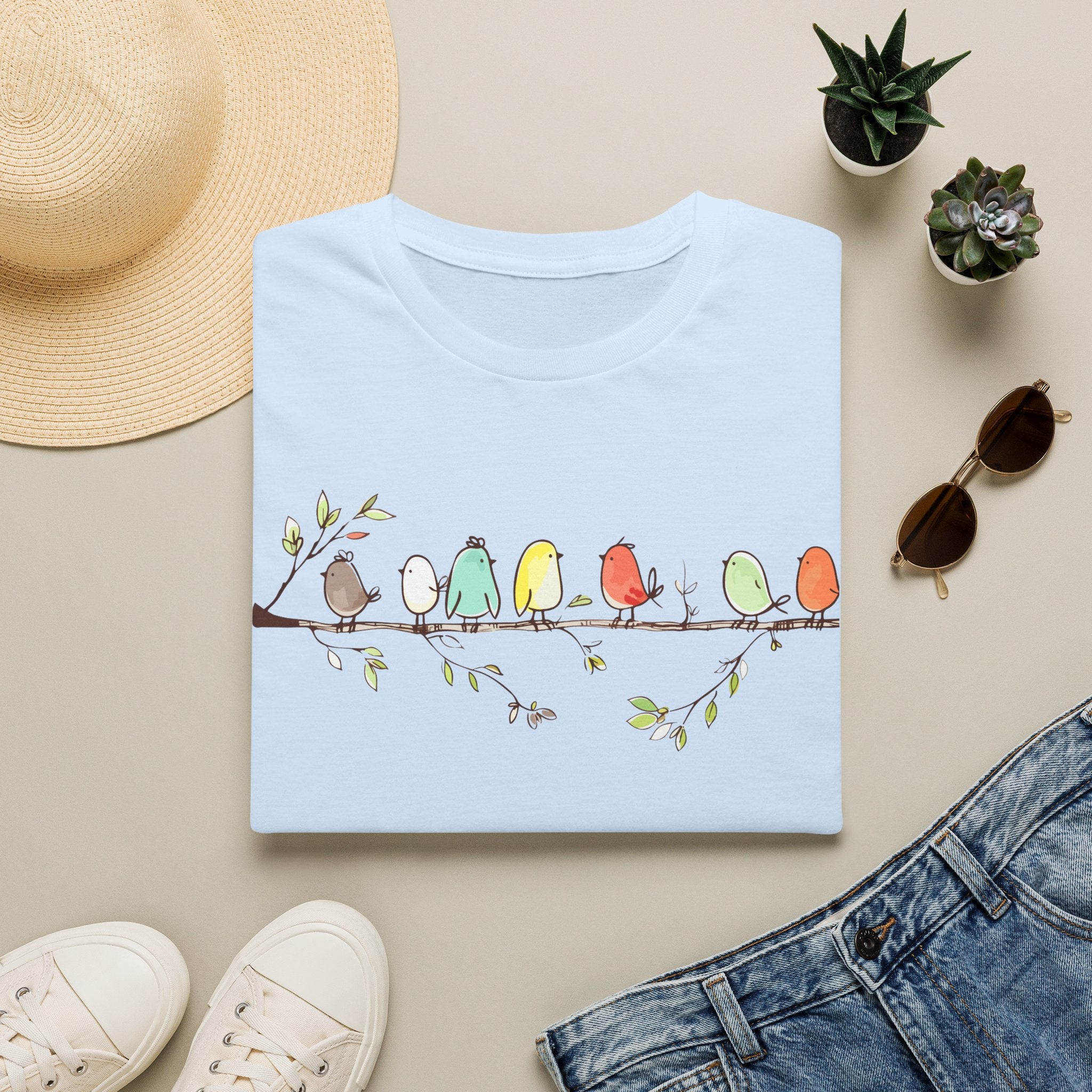 Cute Colorful Birds on a Branch | Whimsical Nature T-Shirt, Unisex Softstyle T-Shirt