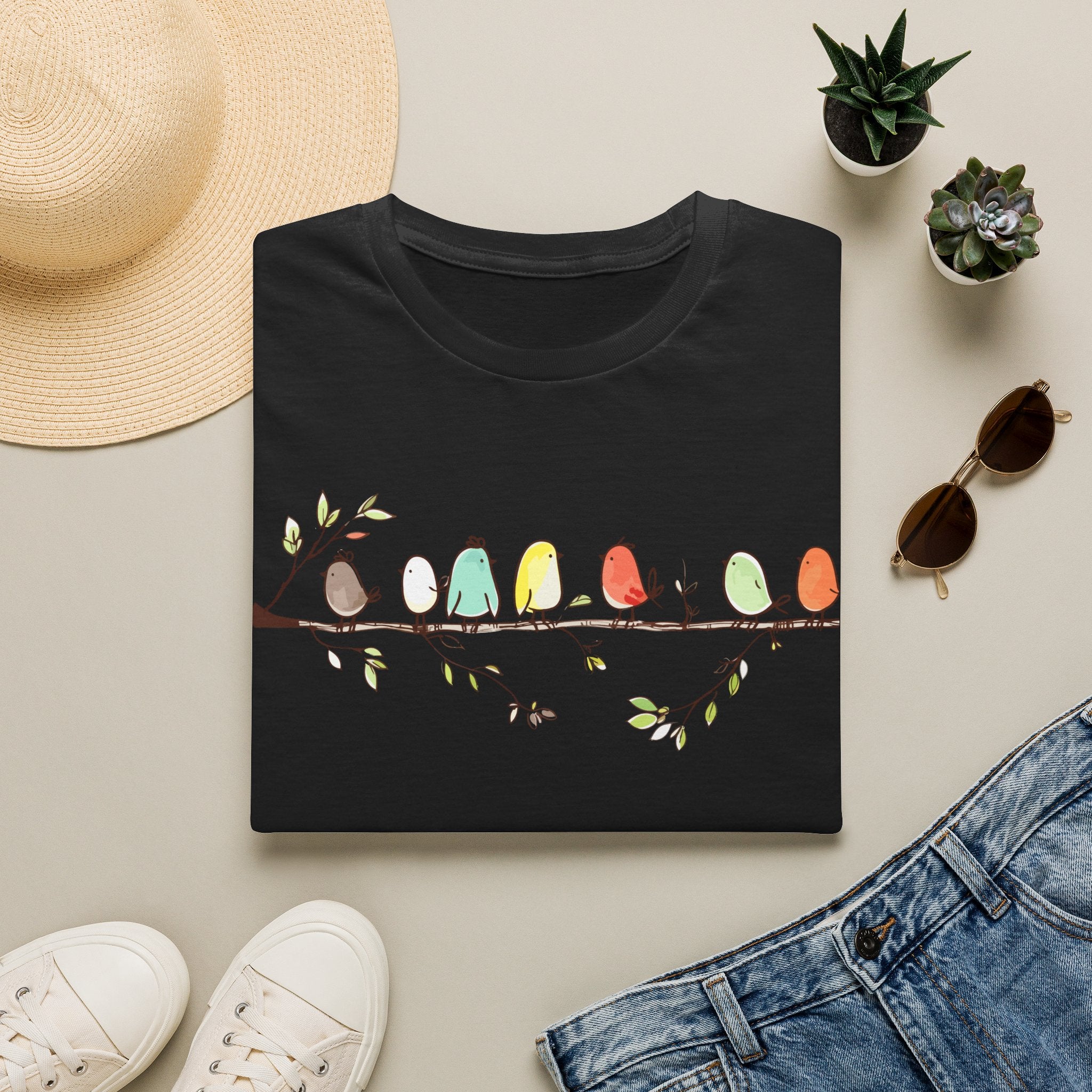 Cute Colorful Birds on a Branch | Whimsical Nature T-Shirt, Unisex Softstyle T-Shirt