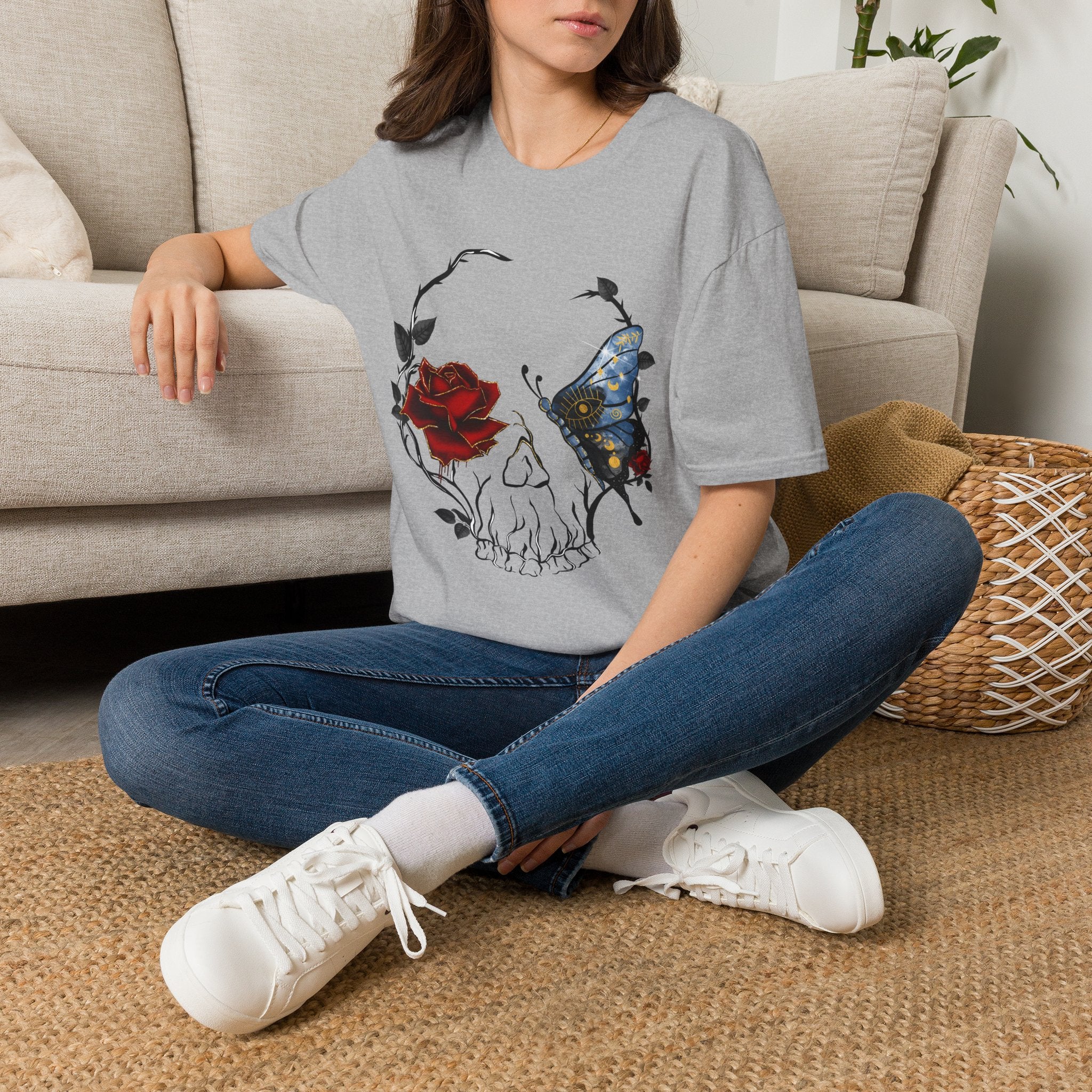 Mystic Moth & Crimson Rose Gothic T-Shirt | Celestial Butterfly Dark Aesthetic Design, Unisex Softstyle T-Shirt