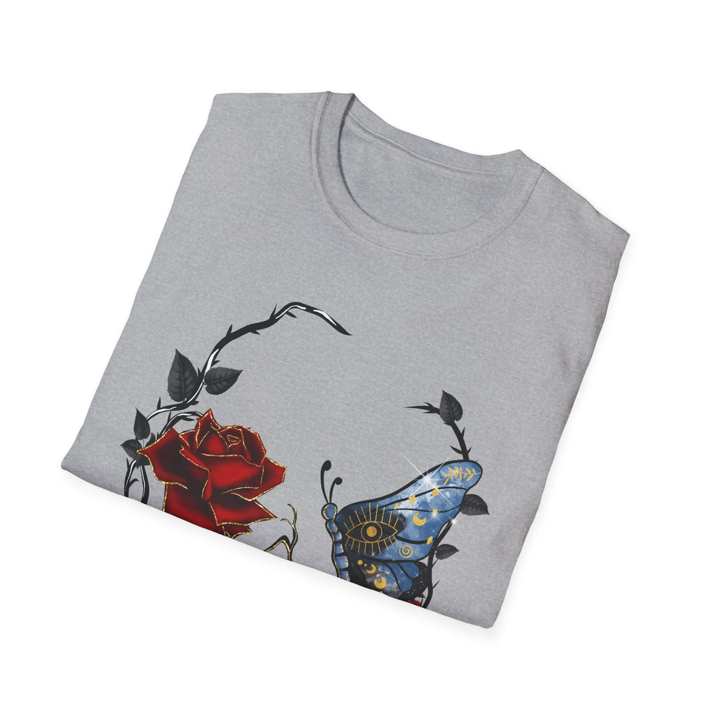Mystic Moth & Crimson Rose Gothic T-Shirt | Celestial Butterfly Dark Aesthetic Design, Unisex Softstyle T-Shirt