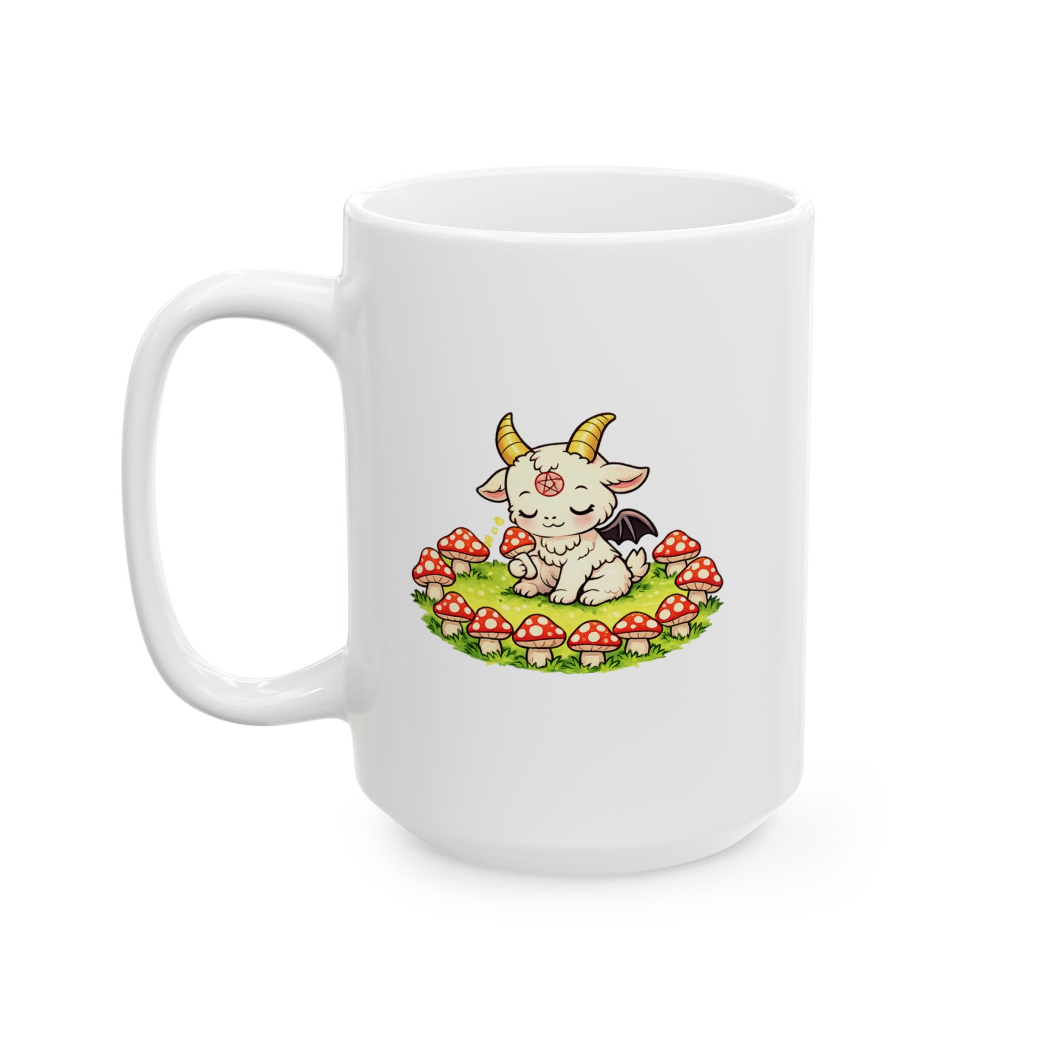 Cute Occult Baphomet Mug – Kawaii Dark Fantasy Mushroom Circle Design, Ceramic Mug, (11oz, 15oz)