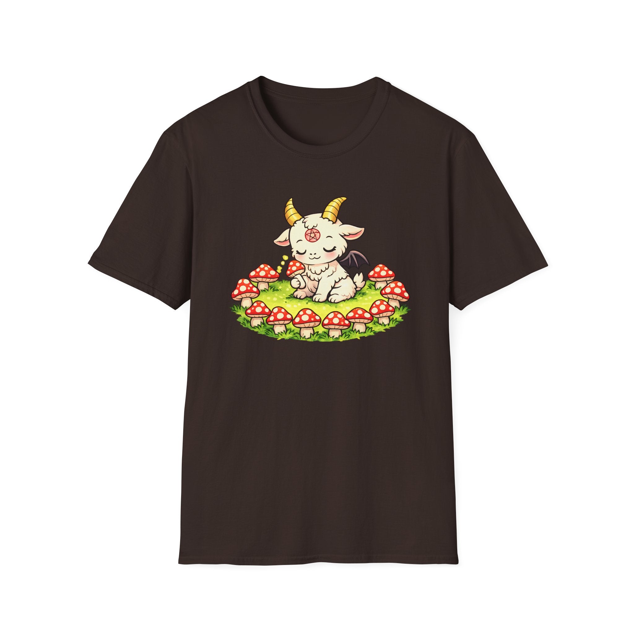 Cute Occult Baby Goat T-Shirt – Kawaii Dark Fantasy Mushroom Circle Design, Unisex Softstyle T-Shirt