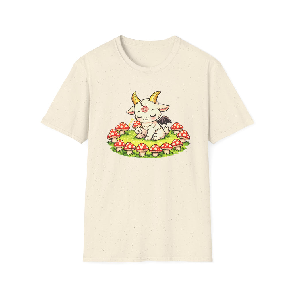 Cute Occult Baby Goat T-Shirt – Kawaii Dark Fantasy Mushroom Circle Design, Unisex Softstyle T-Shirt