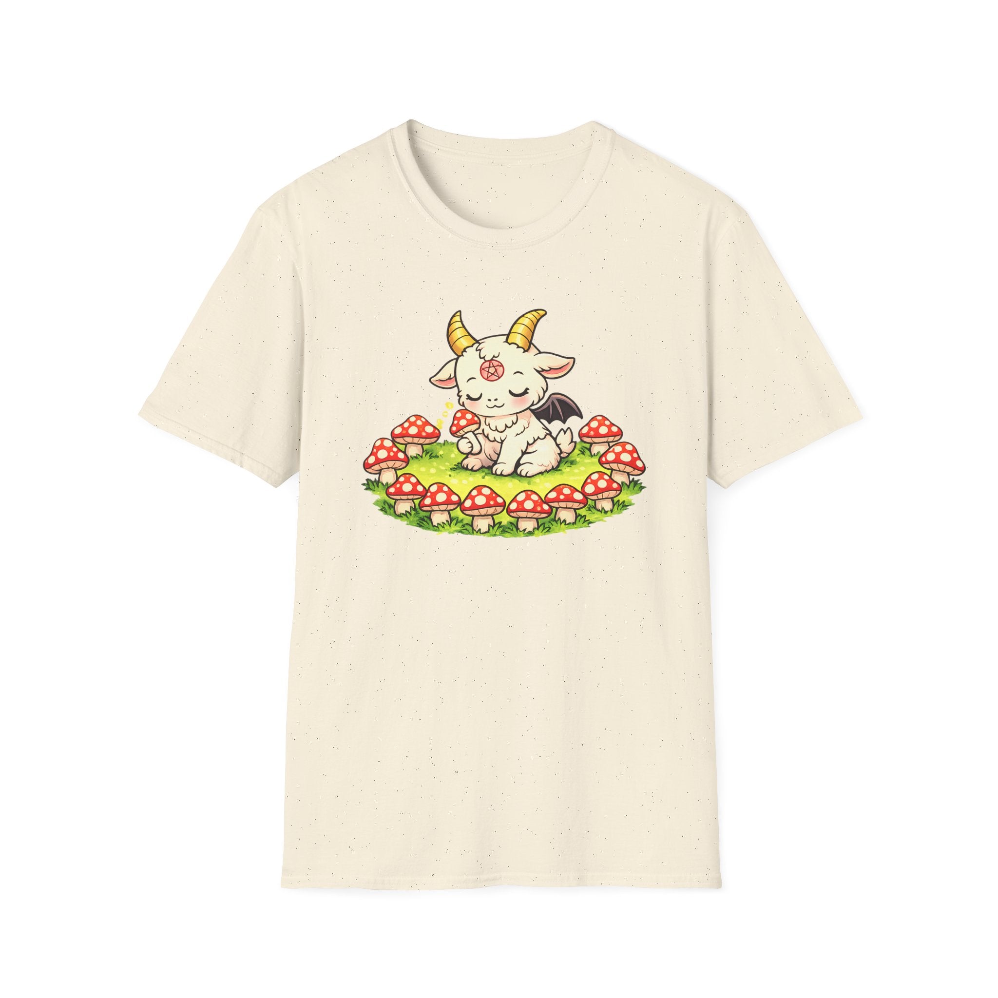 Cute Occult Baby Goat T-Shirt – Kawaii Dark Fantasy Mushroom Circle Design, Unisex Softstyle T-Shirt