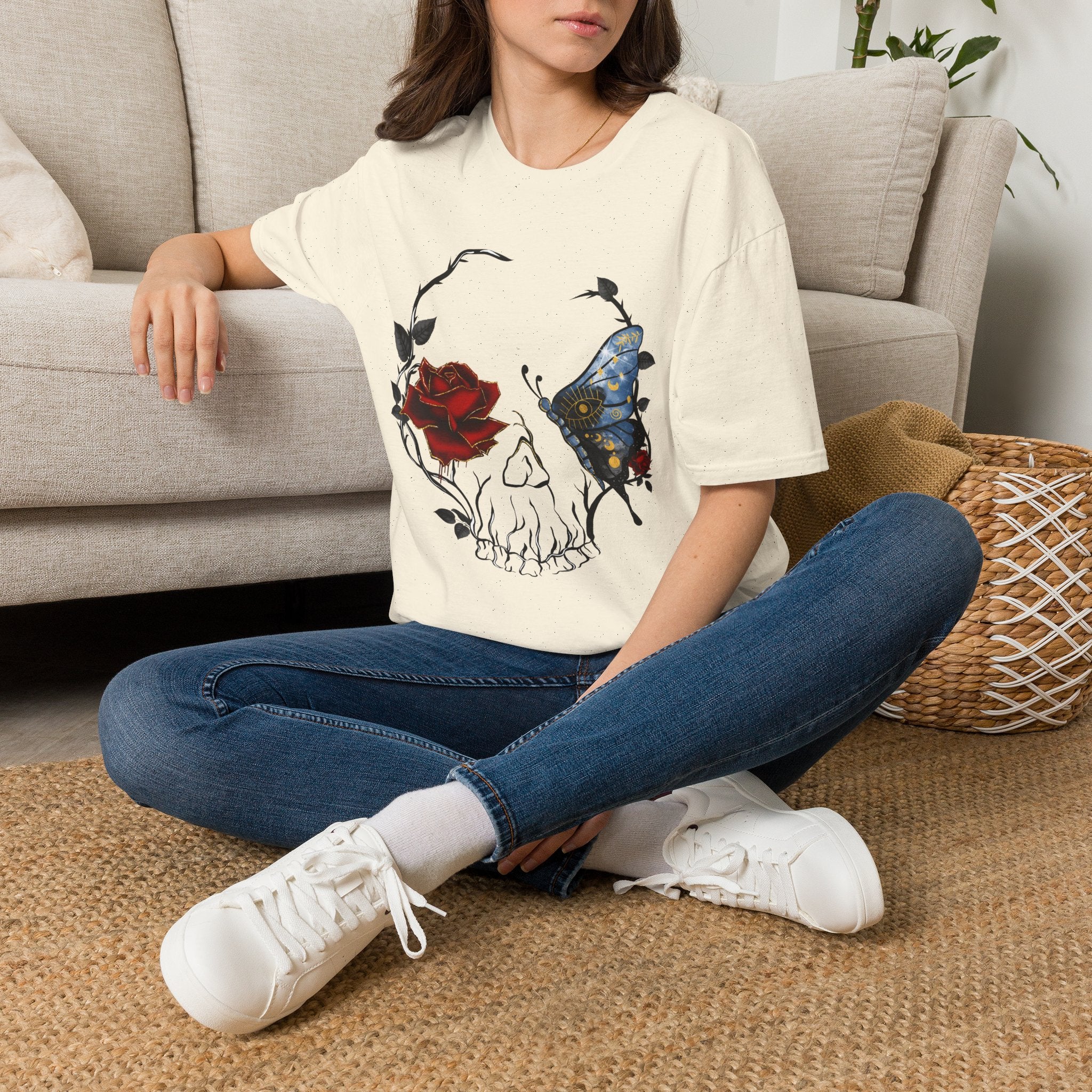 Mystic Moth & Crimson Rose Gothic T-Shirt | Celestial Butterfly Dark Aesthetic Design, Unisex Softstyle T-Shirt