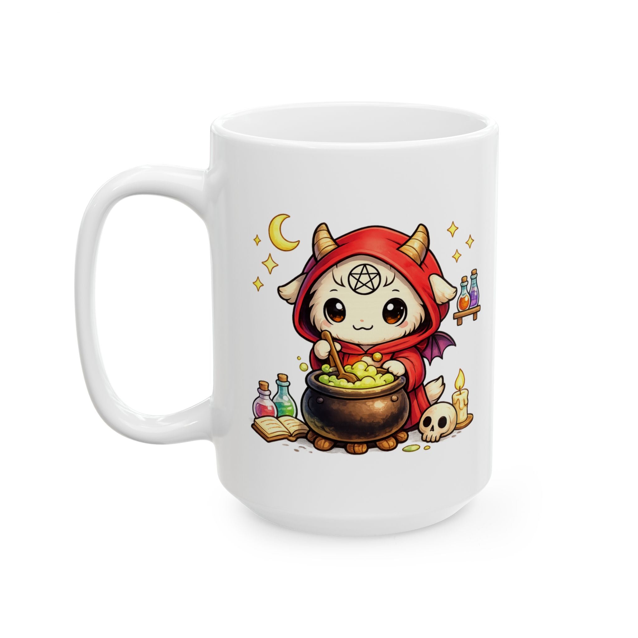 Witchy Potion Mug — Cute Witch Cat, Spellbook & Skull Ceramic Coffee Cup (11oz/15oz)