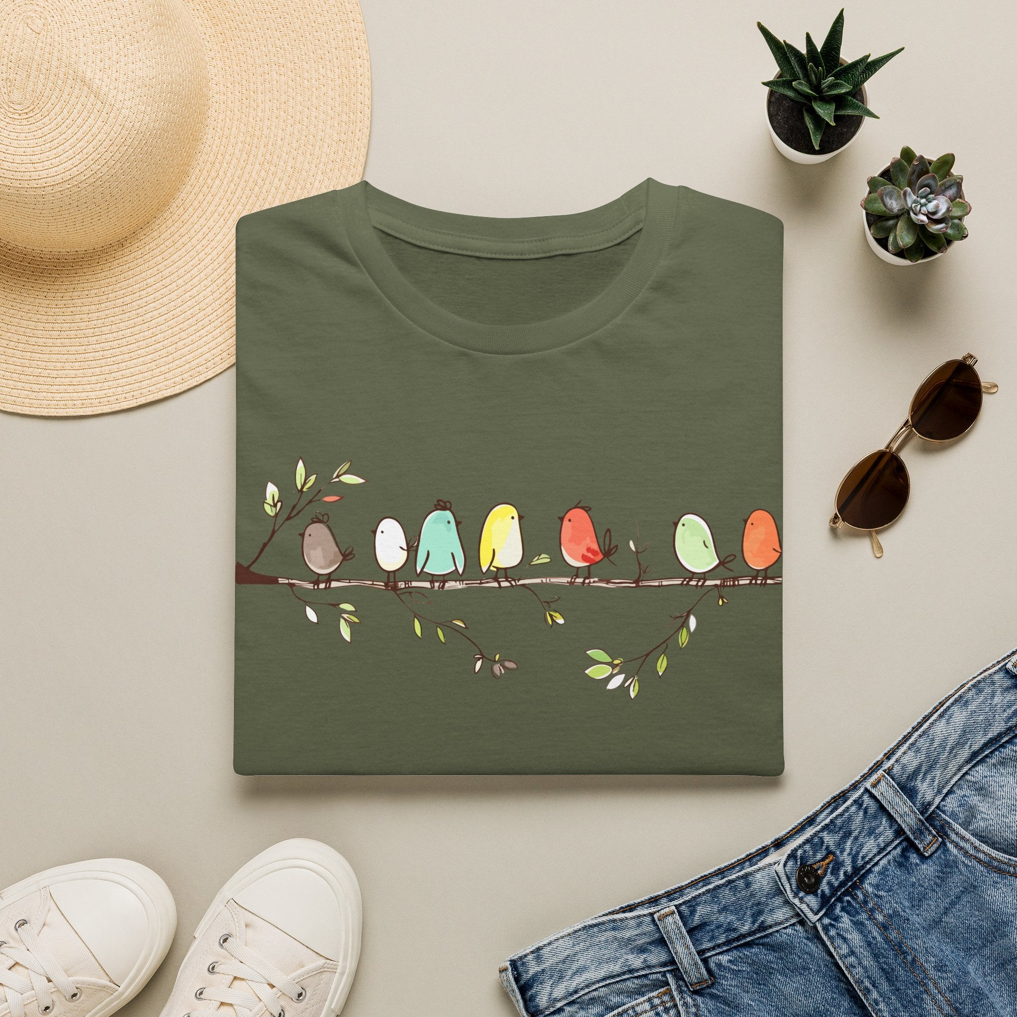 Cute Colorful Birds on a Branch | Whimsical Nature T-Shirt, Unisex Softstyle T-Shirt