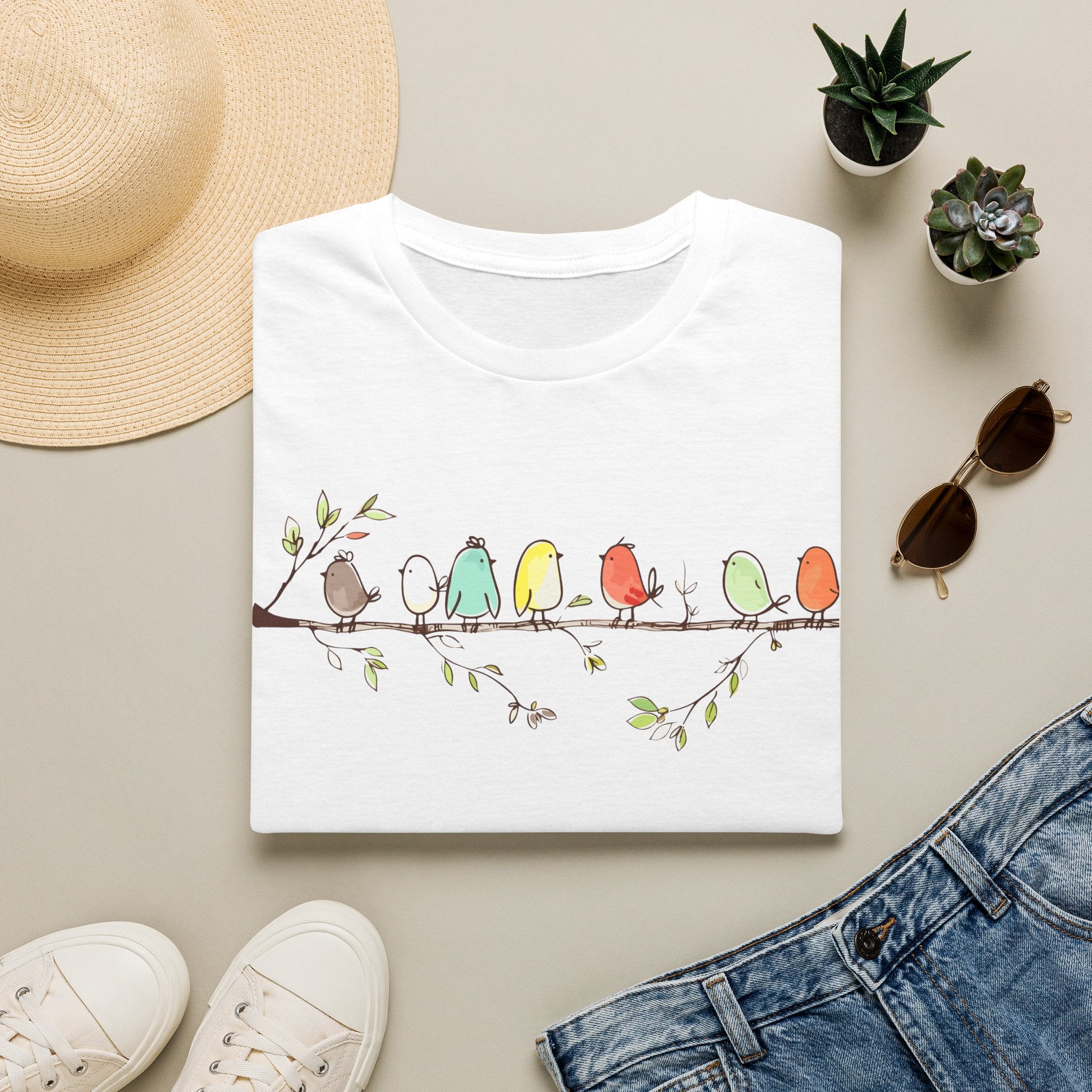 Cute Colorful Birds on a Branch | Whimsical Nature T-Shirt, Unisex Softstyle T-Shirt