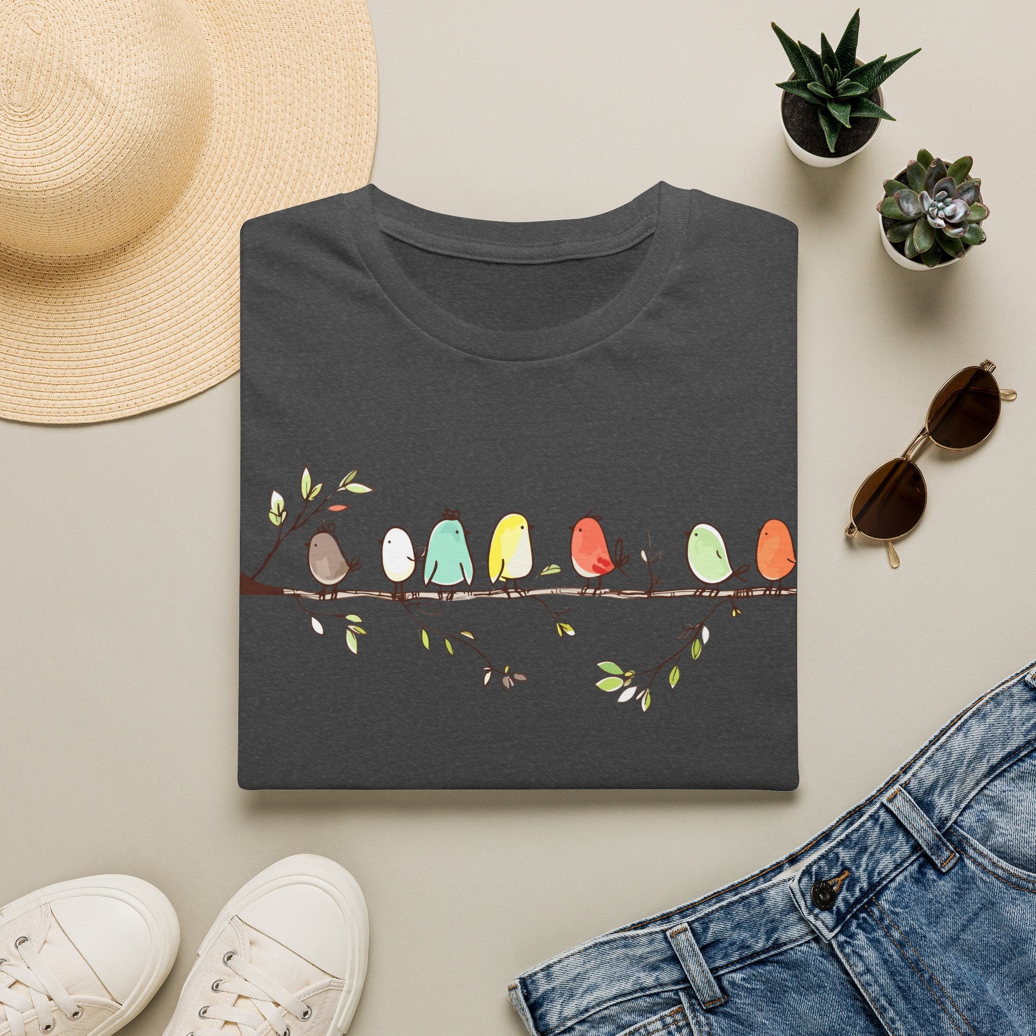 Cute Colorful Birds on a Branch | Whimsical Nature T-Shirt, Unisex Softstyle T-Shirt