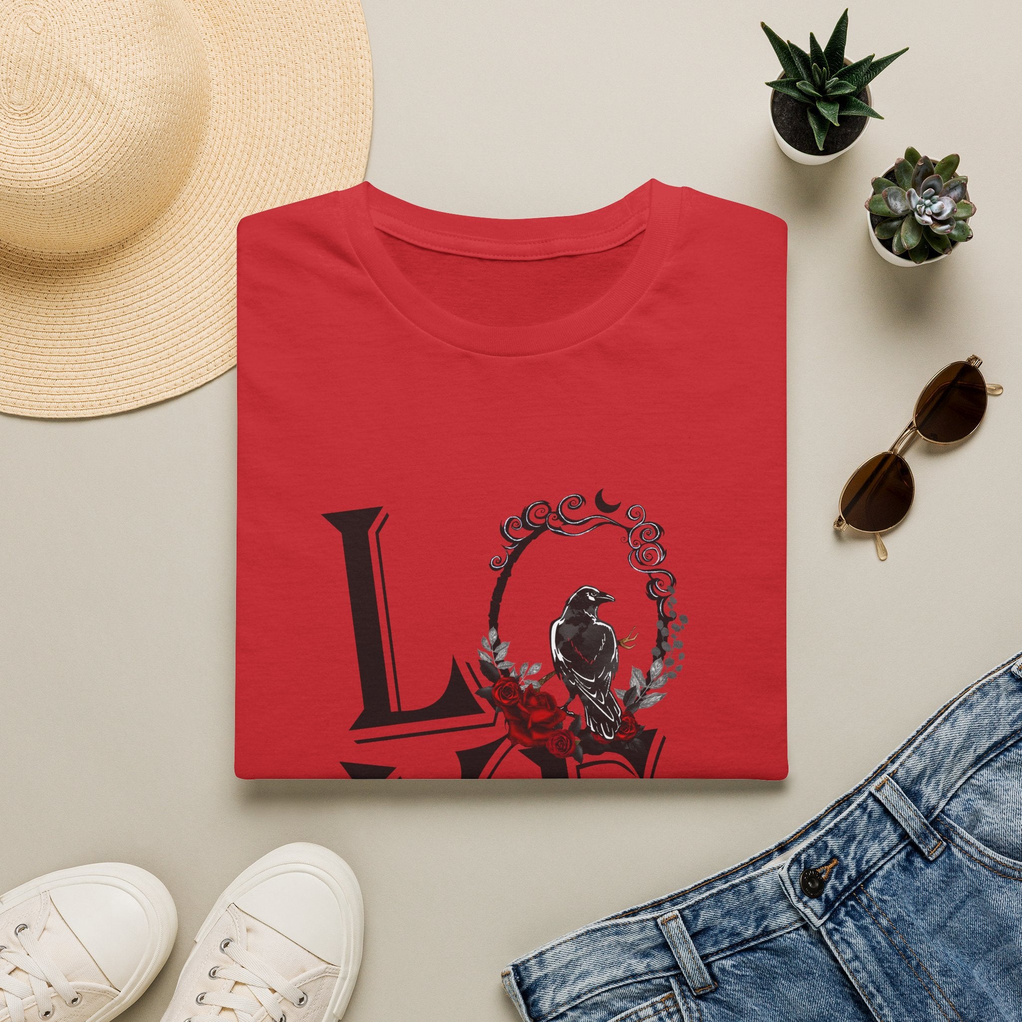 Dark Raven & Crimson Roses Gothic Aesthetic T-Shirt | Mystical Crow Floral Design, Unisex Softstyle T-Shirt