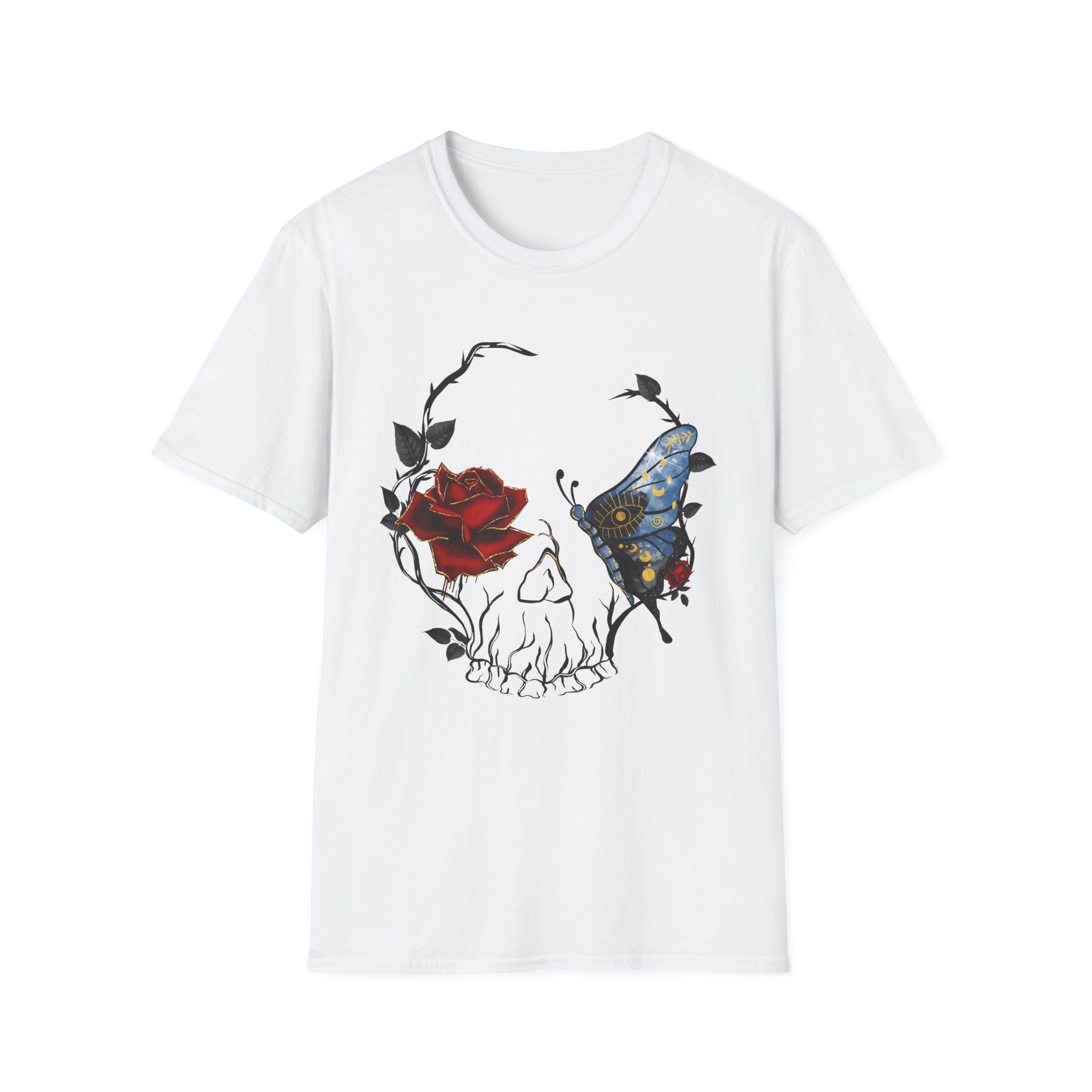 Mystic Moth & Crimson Rose Gothic T-Shirt | Celestial Butterfly Dark Aesthetic Design, Unisex Softstyle T-Shirt